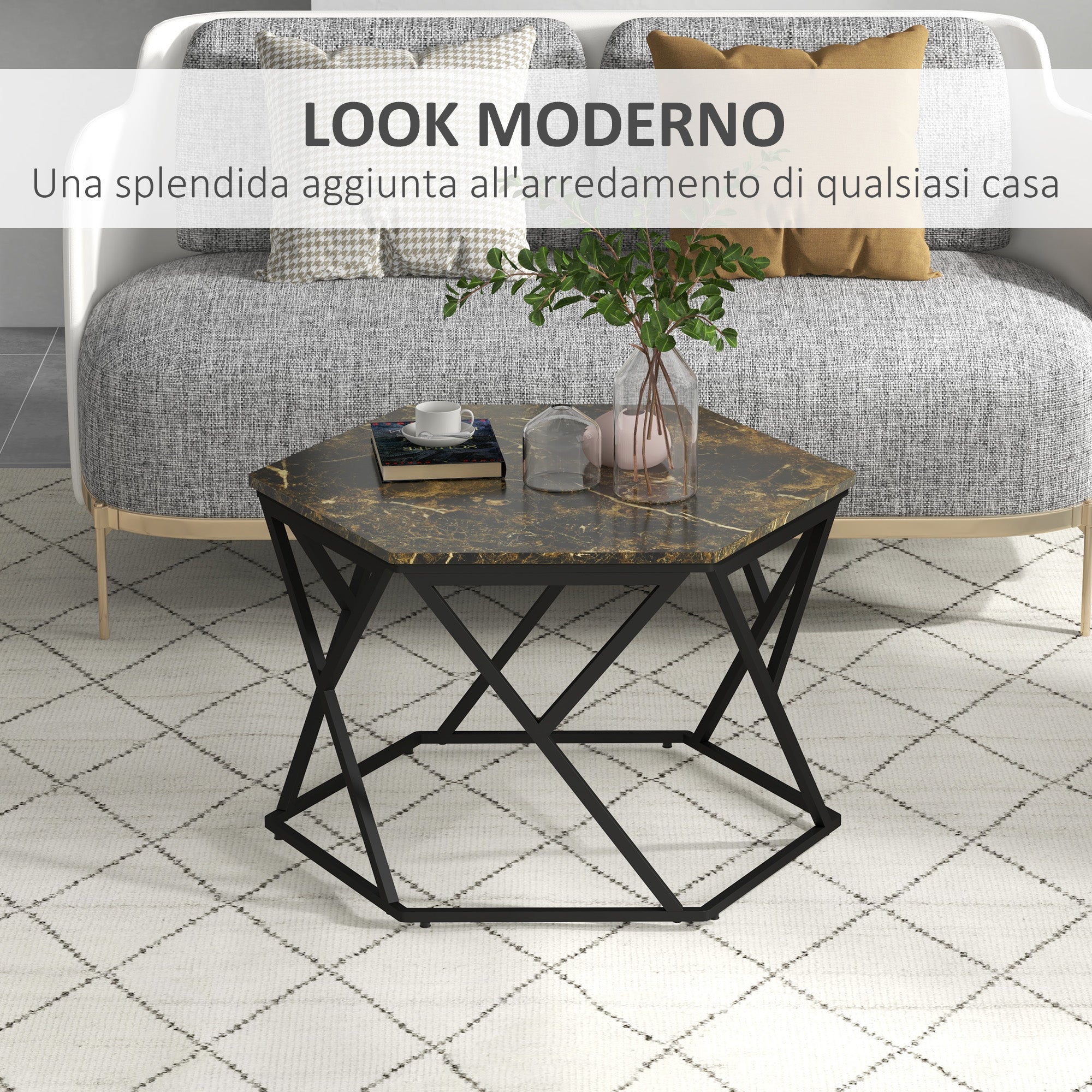 Modern Coffee Table with Faux Marble Top and MDF and Steel Structure, 81x70x51.2cm, Black