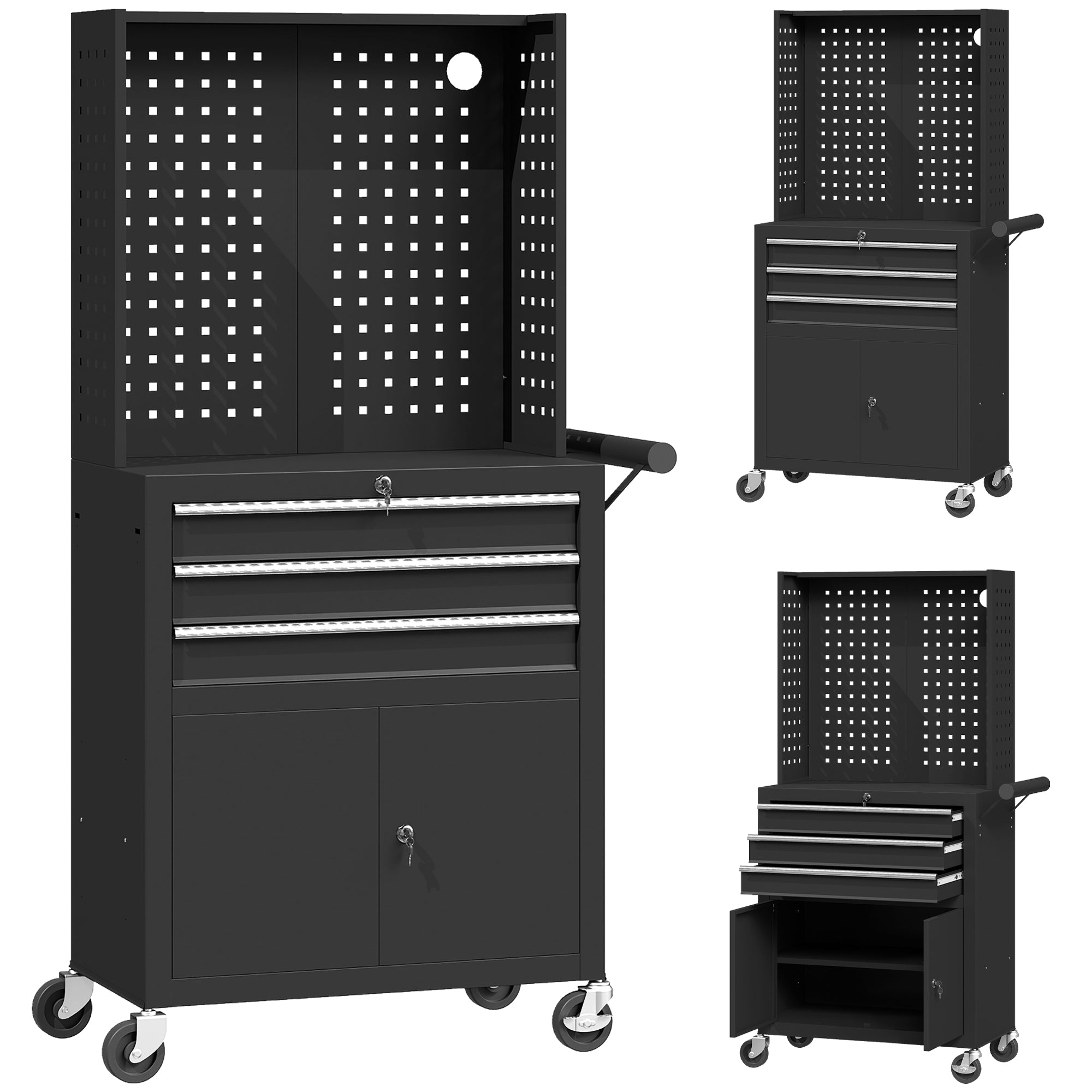 3-Drawer Steel Workshop Cart with Lockable Wheels, Adjustable Shelf & Pegboard - Black