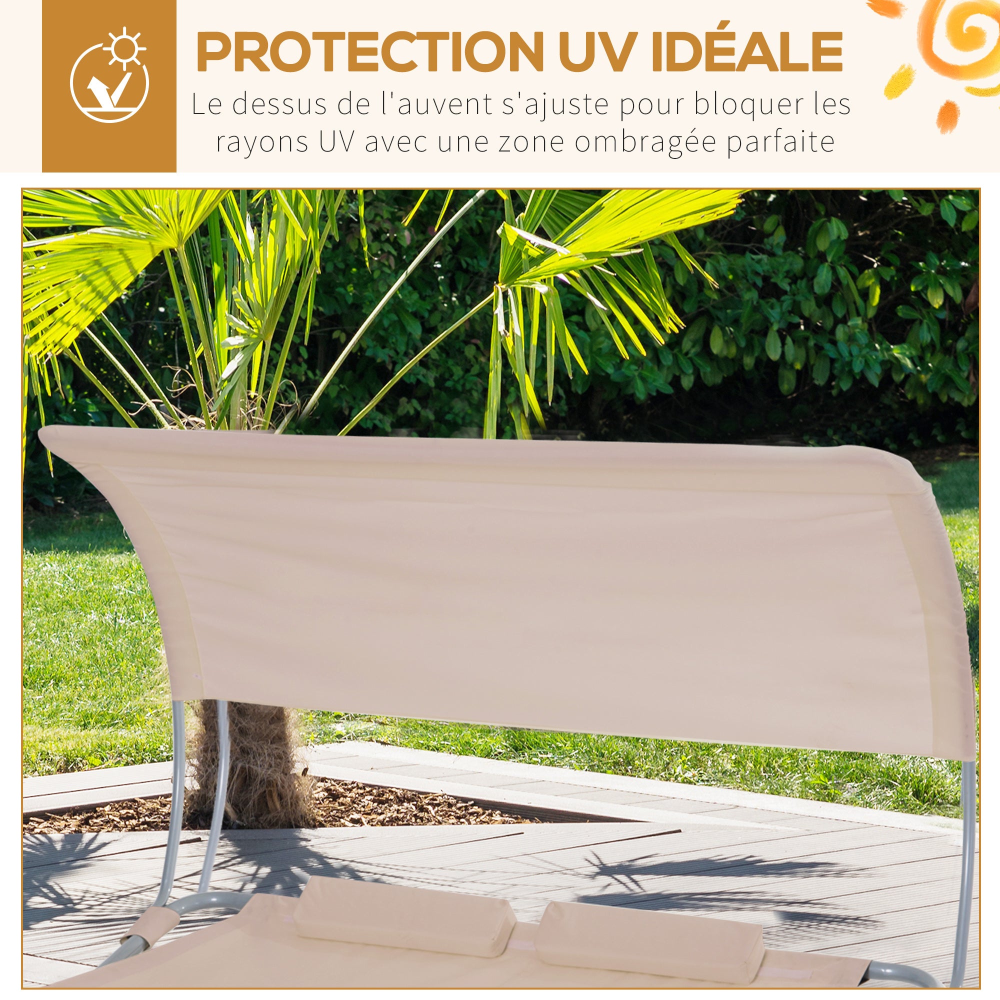 2-Seater Garden Sun Lounger Contemporary Design Adjustable Roof 2 Wheels 2 Pillows Epoxy-Coated Steel Polyester Sand