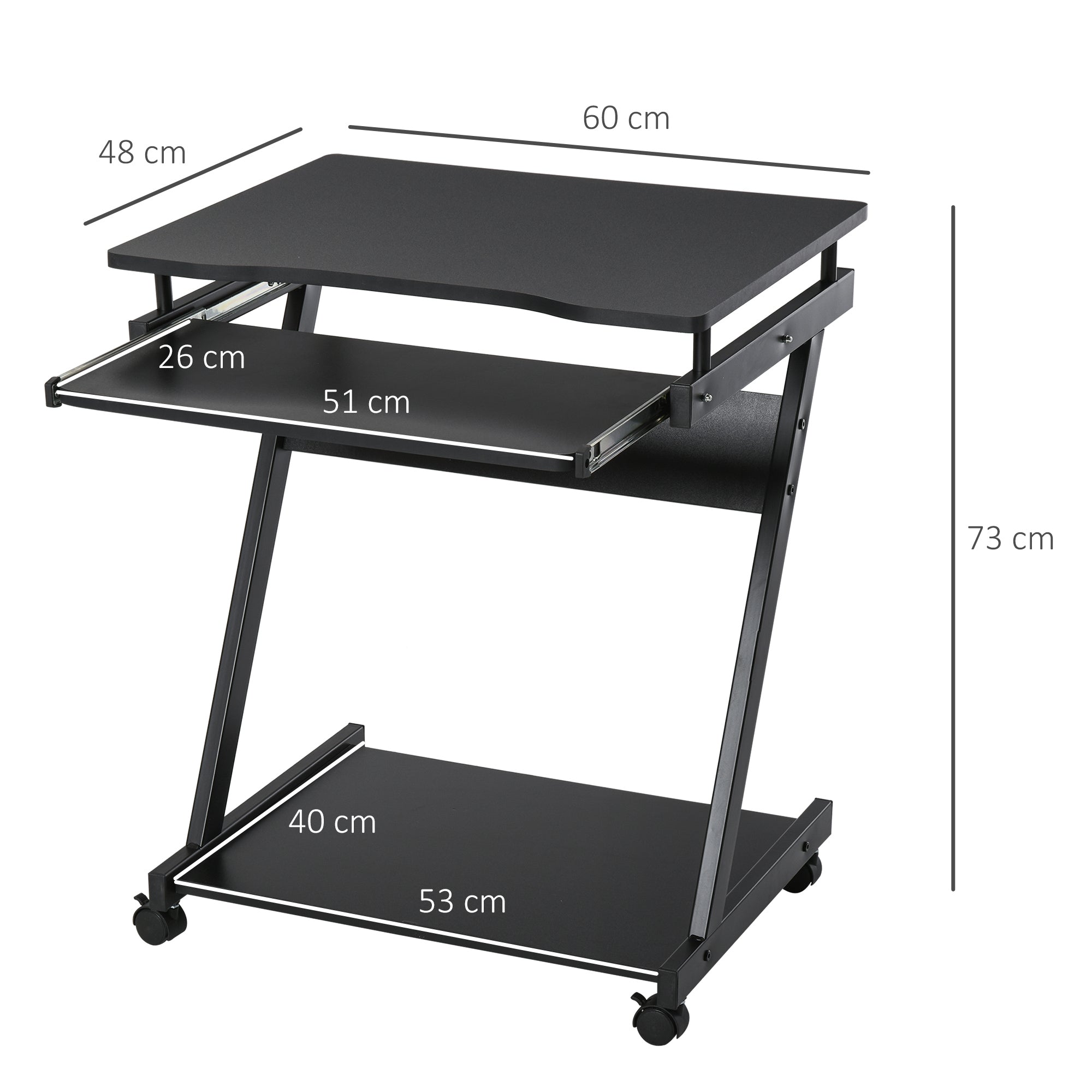 Rolling Computer Desk - Mobile Desk - Computer Table - Sliding Keyboard Shelf + Shelf - Black