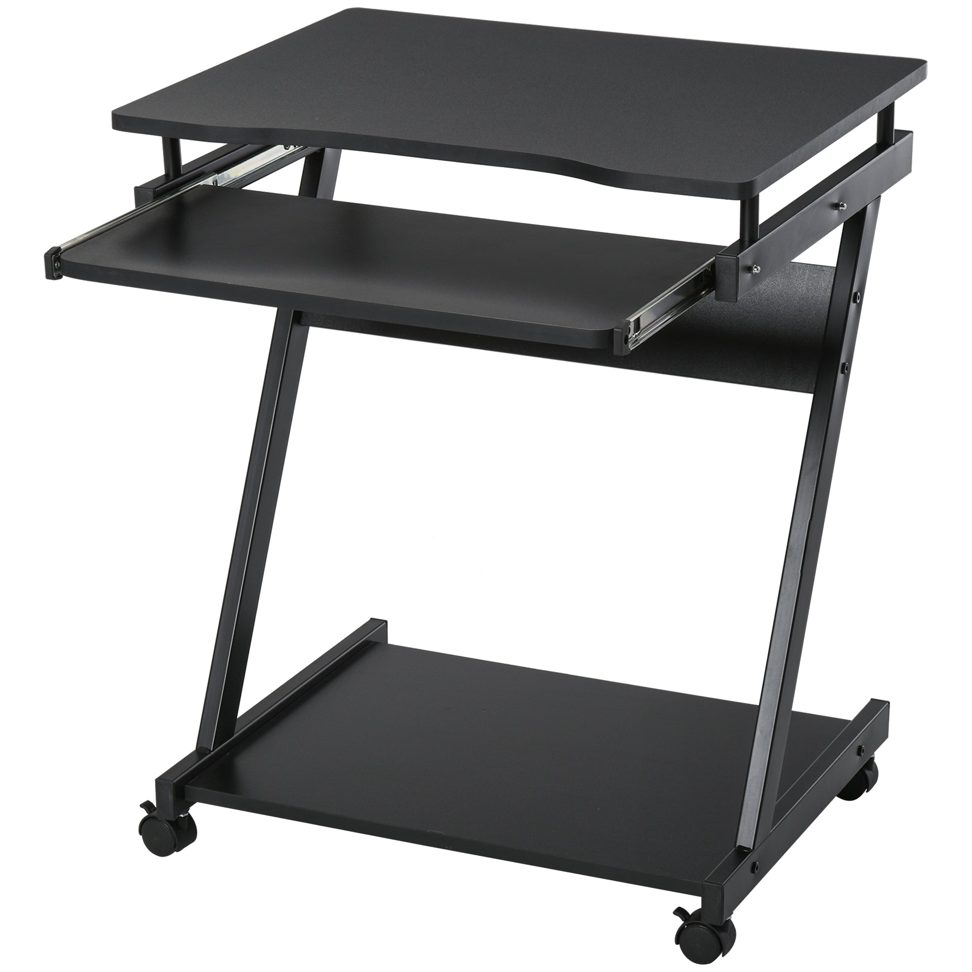 Rolling Computer Desk - Mobile Desk - Computer Table - Sliding Keyboard Shelf + Shelf - Black