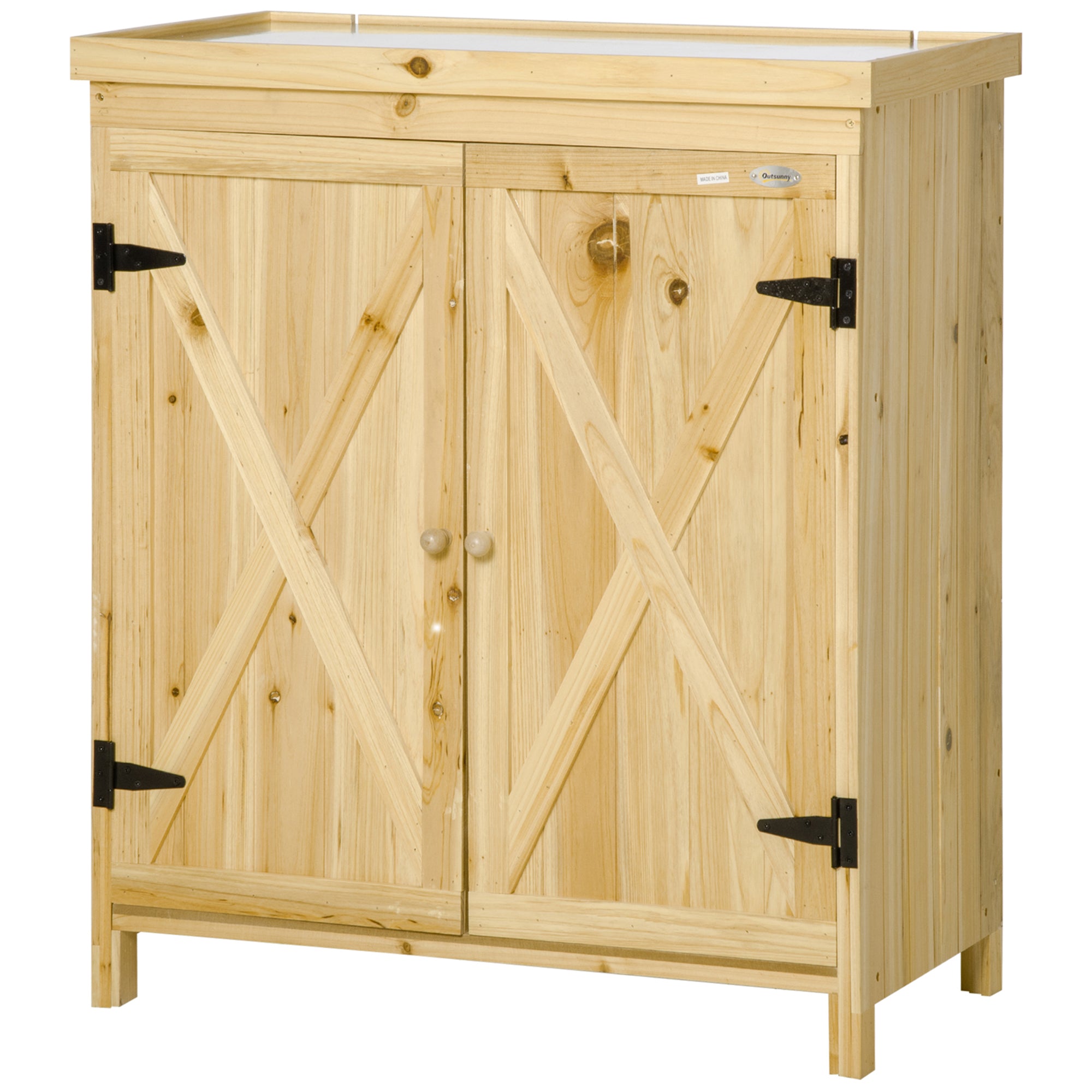 Garden Cabinet, Garden Storage Cabinet, with galvanized metal worktop double door shelf with handle solid wood raised feet 80 x 45 x 92 cm natural wood