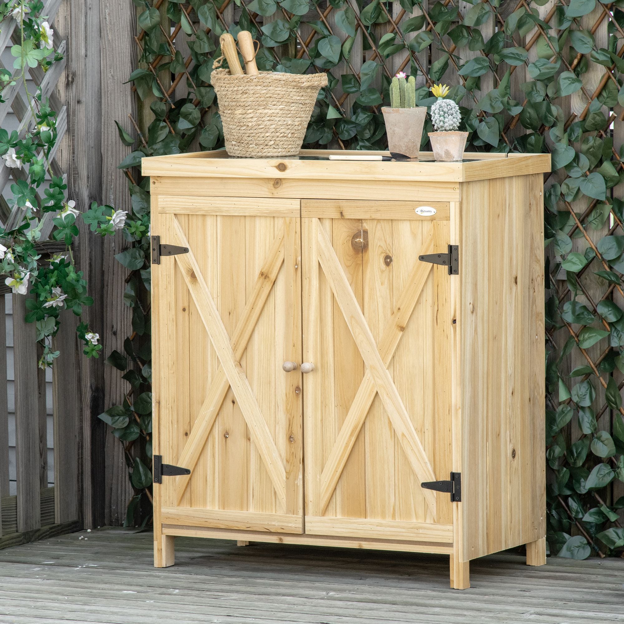 Garden Cabinet, Garden Storage Cabinet, with galvanized metal worktop double door shelf with handle solid wood raised feet 80 x 45 x 92 cm natural wood