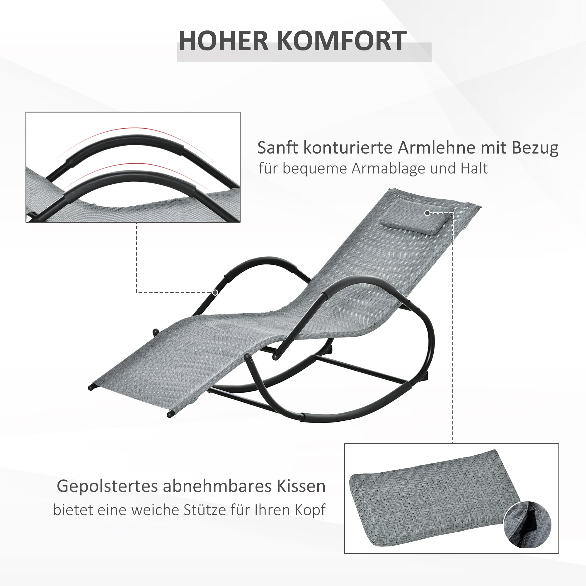Rocking Chair Rocking Sun Lounger with Headrest Sun Lounger Swing up to 160 kg load Texteline Gray 61 x 160 x 79 cm