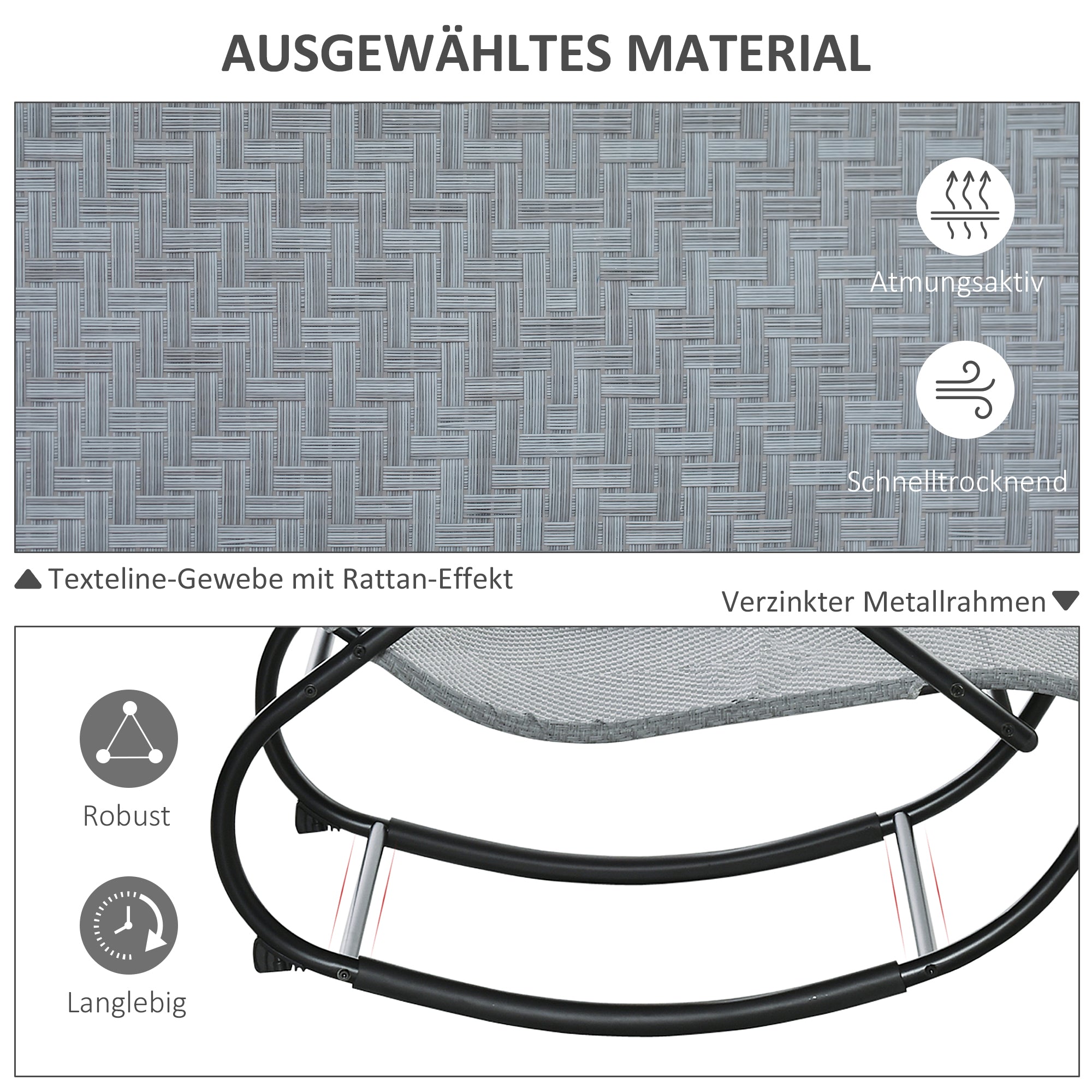Rocking Chair Rocking Sun Lounger with Headrest Sun Lounger Swing up to 160 kg load Texteline Gray 61 x 160 x 79 cm