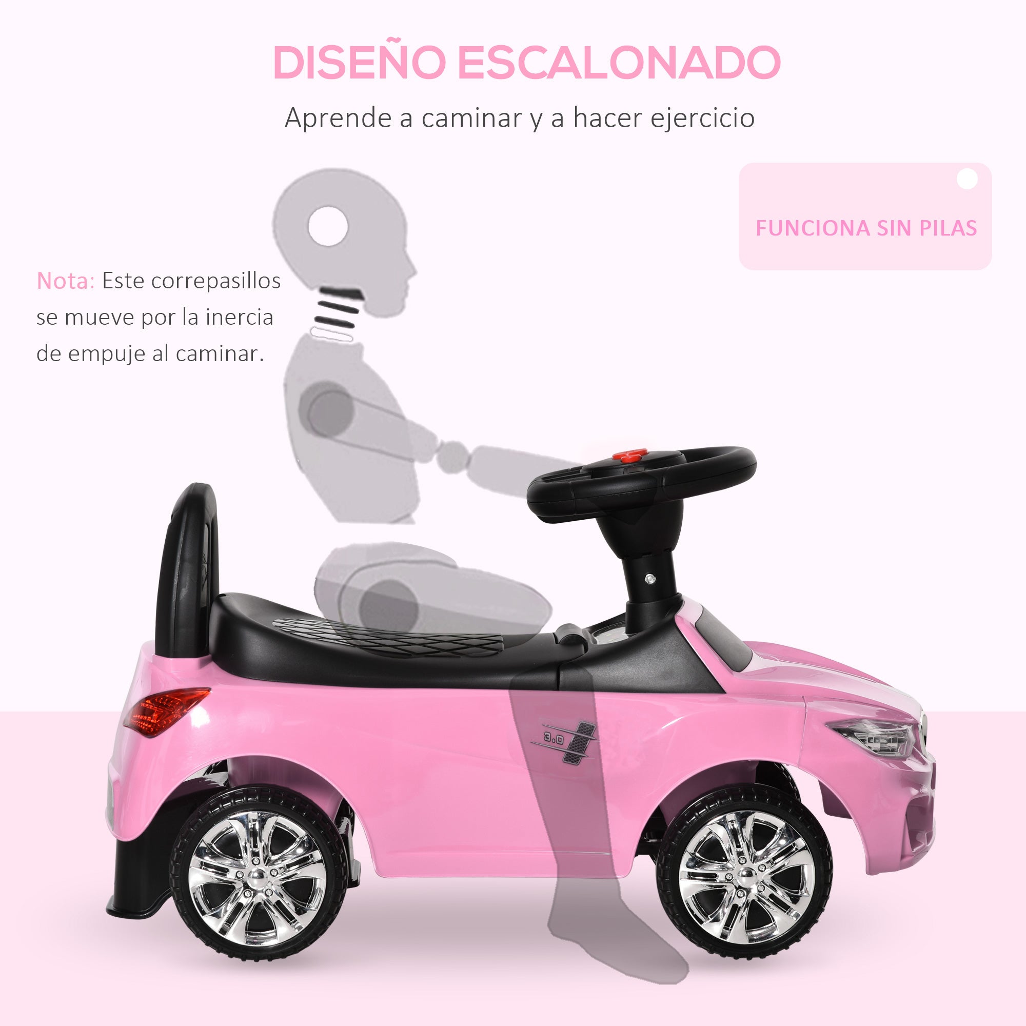 Ride-On Car for Kids 18-36 Months Walker Ride-On with Headlights Music Horn Steering Wheel Storage Space and Push Handle 63.5x28x36 cm Pink