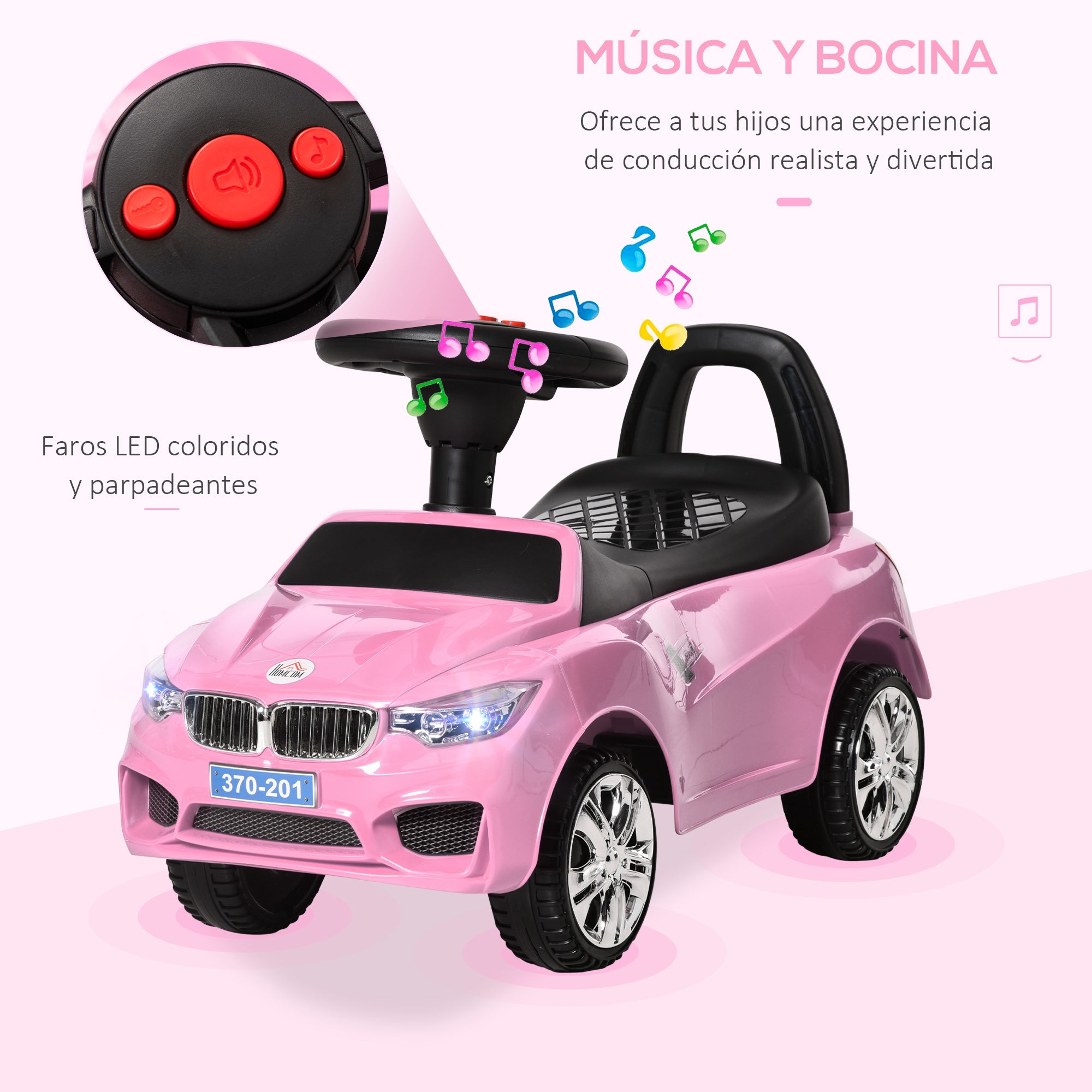 Ride-On Car for Kids 18-36 Months Walker Ride-On with Headlights Music Horn Steering Wheel Storage Space and Push Handle 63.5x28x36 cm Pink
