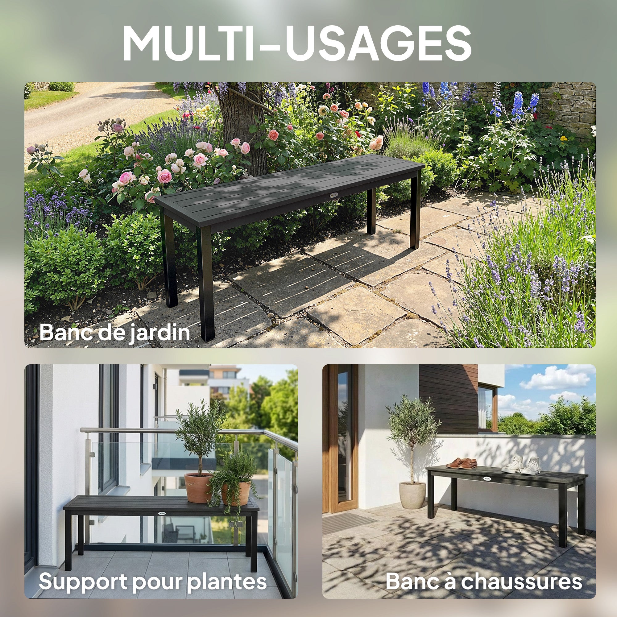 Metal Garden Bench, 2-Seater with Wood-Effect Slatted Seat, Backless Steel Frame for Patio, Balcony, Park — 529 lb Capacity, 51.2 x 13.4 x 16.9 in, Gray