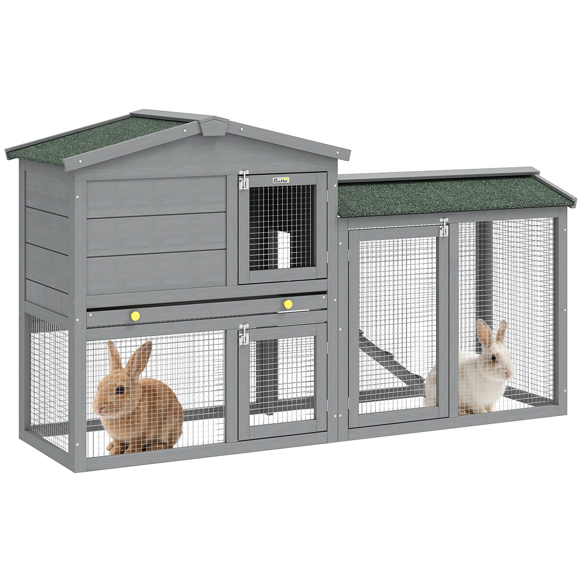 2-Level Wooden Rabbit Hutch, Large Outdoor Cage with Asphalt Roof, Removable Tray & Ramp — For Rabbits, Guinea Pigs & Hamsters, 150 x 45 x 85 cm (59.1 x 17.7 x 33.5 in), Gray