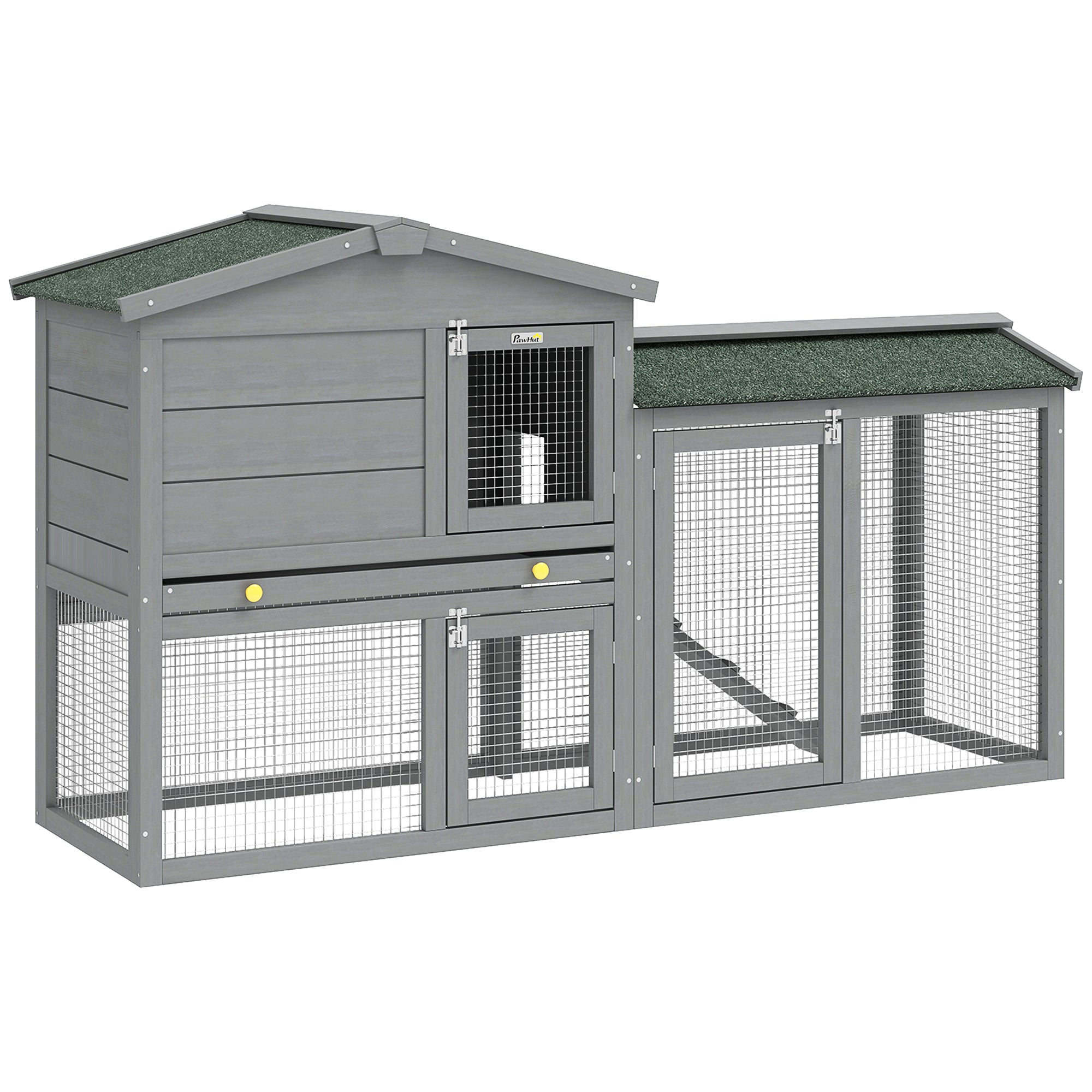 2-Level Wooden Rabbit Hutch, Large Outdoor Cage with Asphalt Roof, Removable Tray & Ramp — For Rabbits, Guinea Pigs & Hamsters, 150 x 45 x 85 cm (59.1 x 17.7 x 33.5 in), Gray