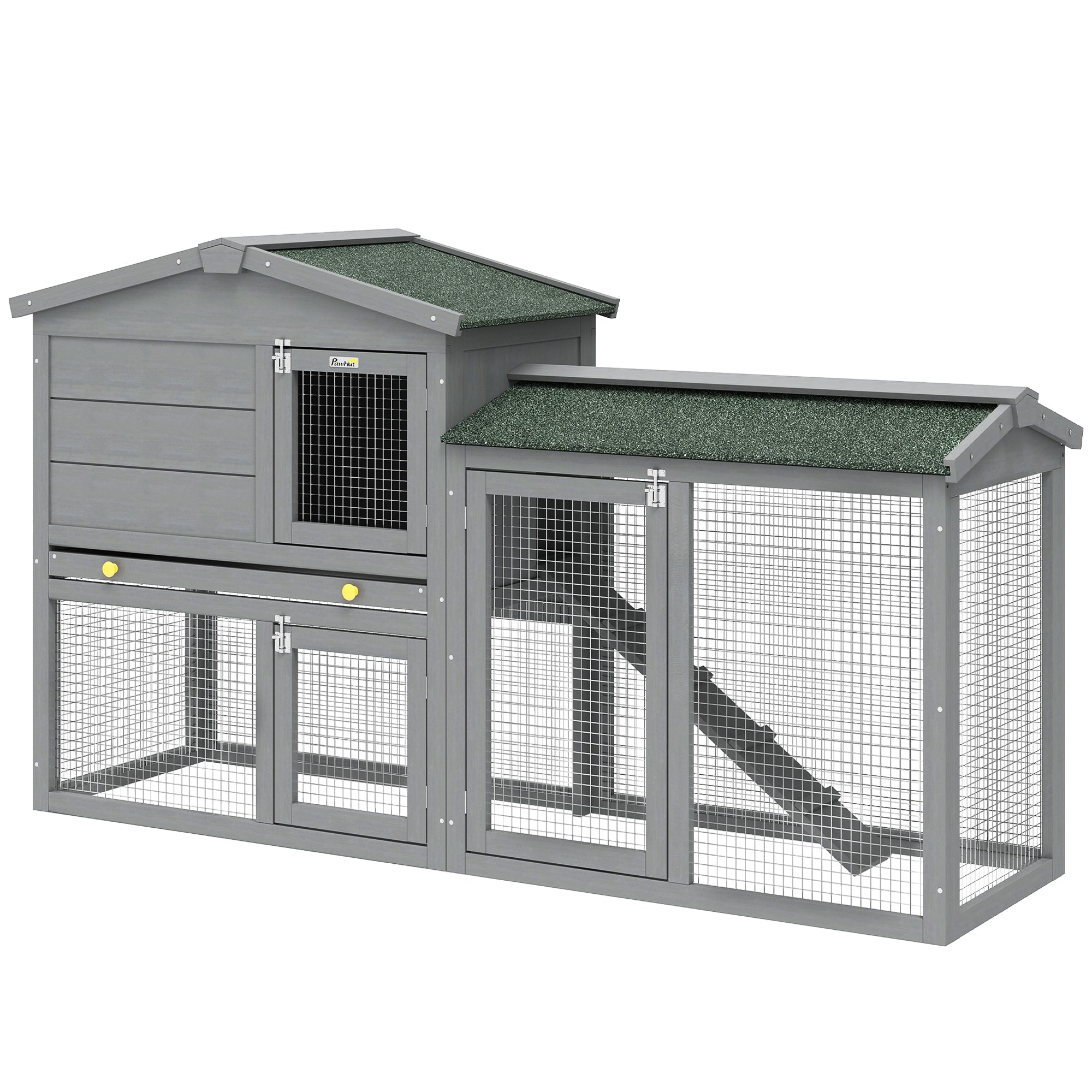 2-Level Wooden Rabbit Hutch, Large Outdoor Cage with Asphalt Roof, Removable Tray & Ramp — For Rabbits, Guinea Pigs & Hamsters, 150 x 45 x 85 cm (59.1 x 17.7 x 33.5 in), Gray