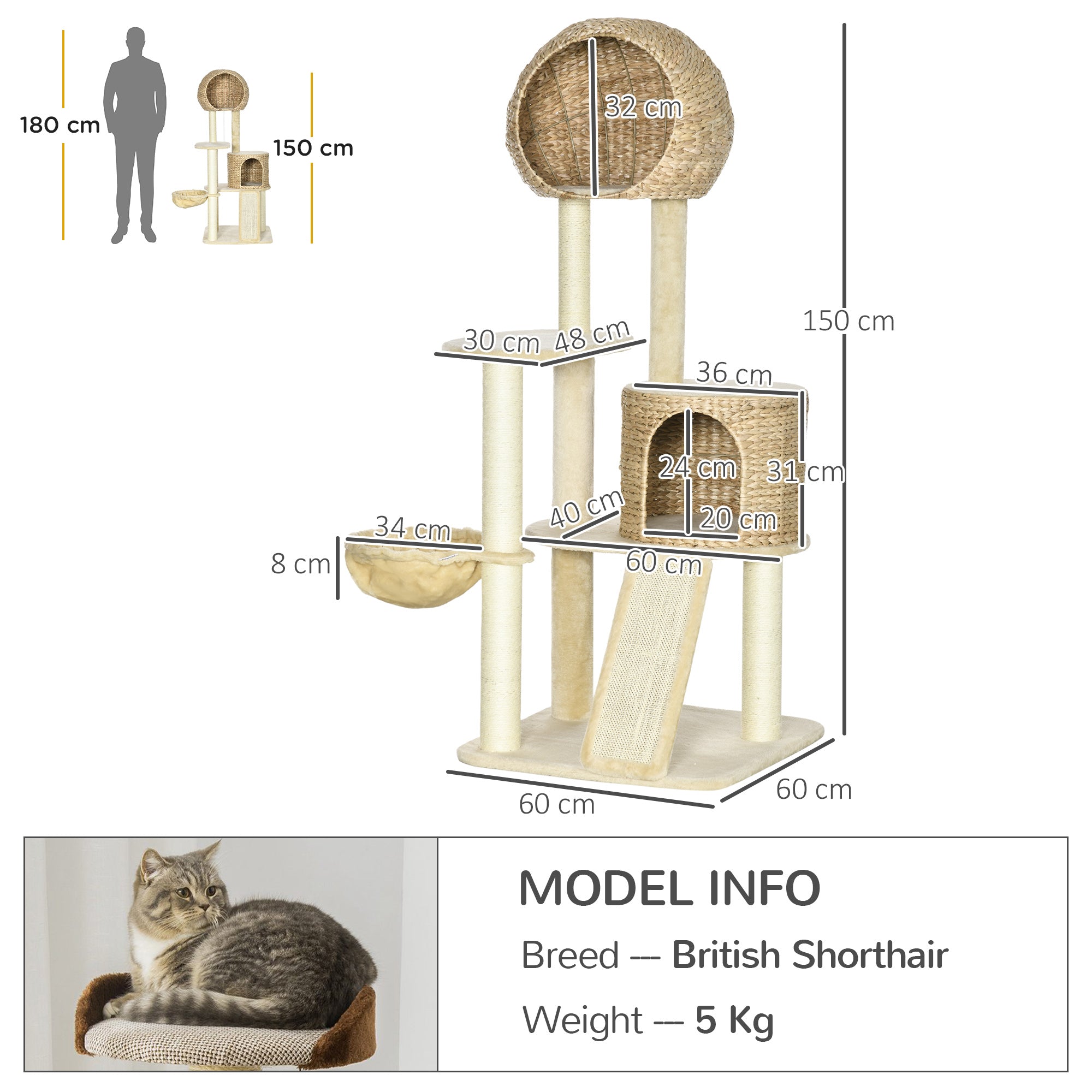 Cat Tree, 150 cm, Cat Tower with Cat House, Climbing Tree with Hammock, Sisal Pole and Ramp, Cat Scratching Tree, Play Tree with Tipping Protection, Plush, Beige