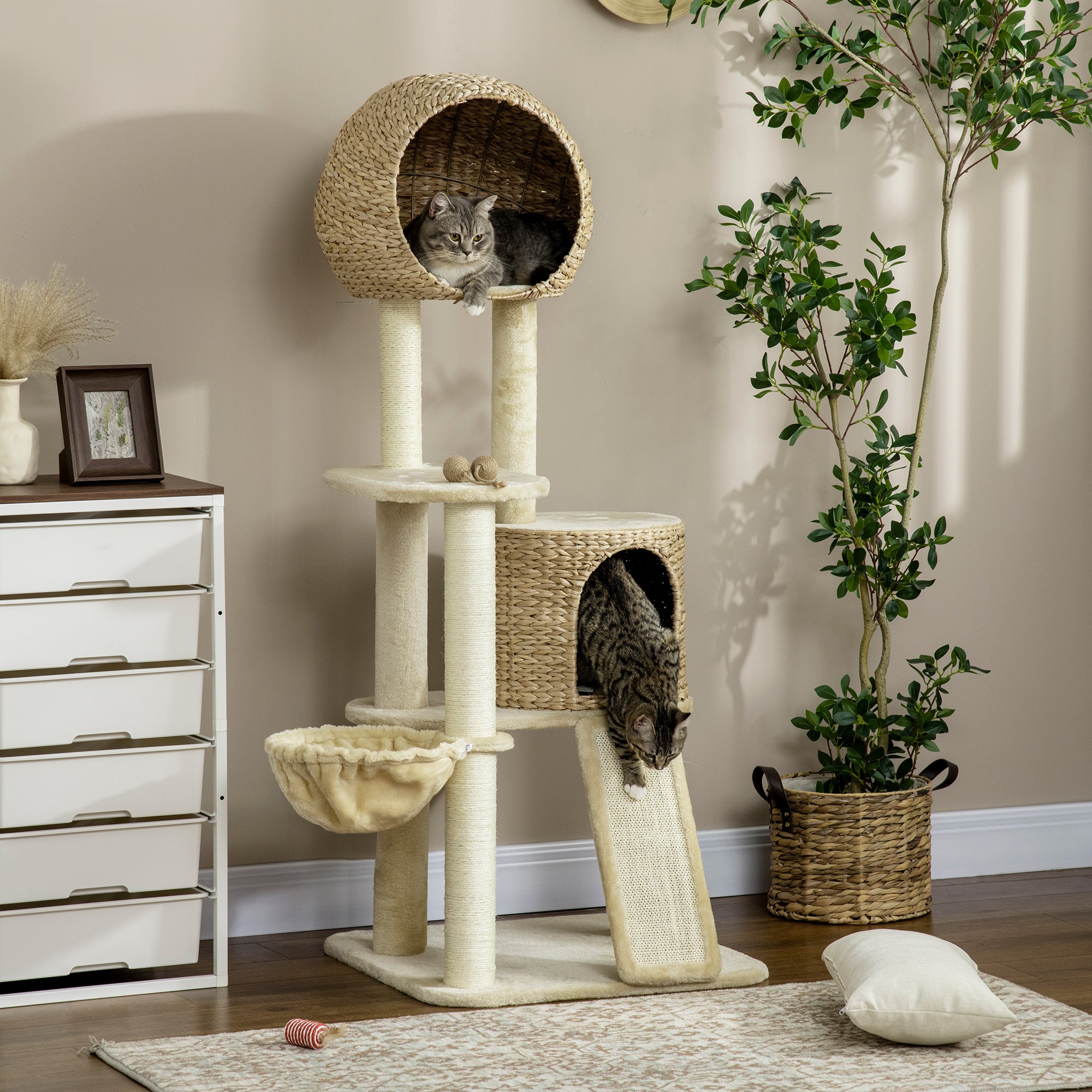 Cat Tree, 150 cm, Cat Tower with Cat House, Climbing Tree with Hammock, Sisal Pole and Ramp, Cat Scratching Tree, Play Tree with Tipping Protection, Plush, Beige