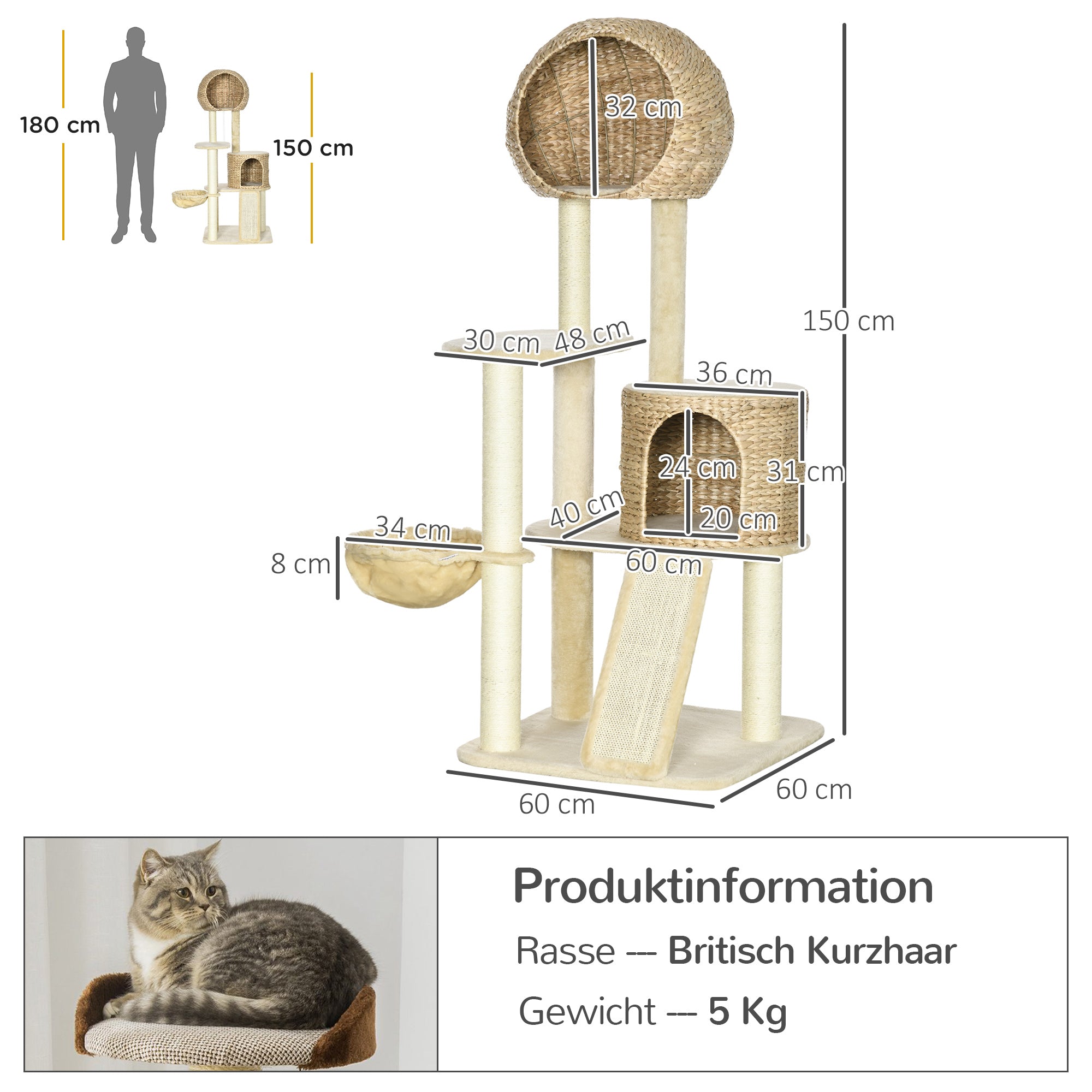 Cat Tree, 150 cm, Cat Tower with Cat House, Climbing Tree with Hammock, Sisal Pole and Ramp, Cat Scratching Tree, Play Tree with Tipping Protection, Plush, Beige