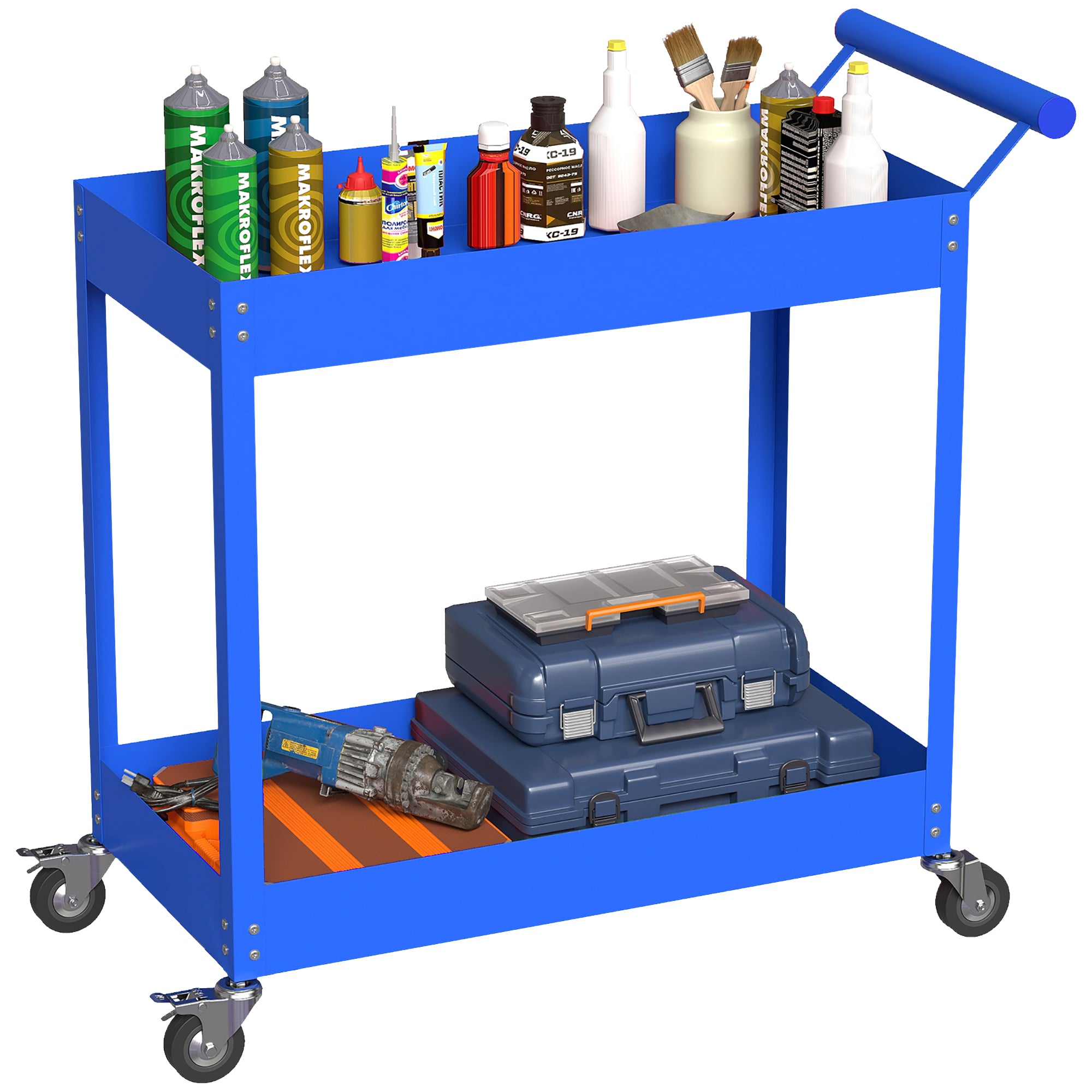 2-Tier Workshop Trolley Tool Cart with Side Handle & Locking Wheels — 330 lb Capacity, 33.3 x 15.0 x 33.1 in, Blue
