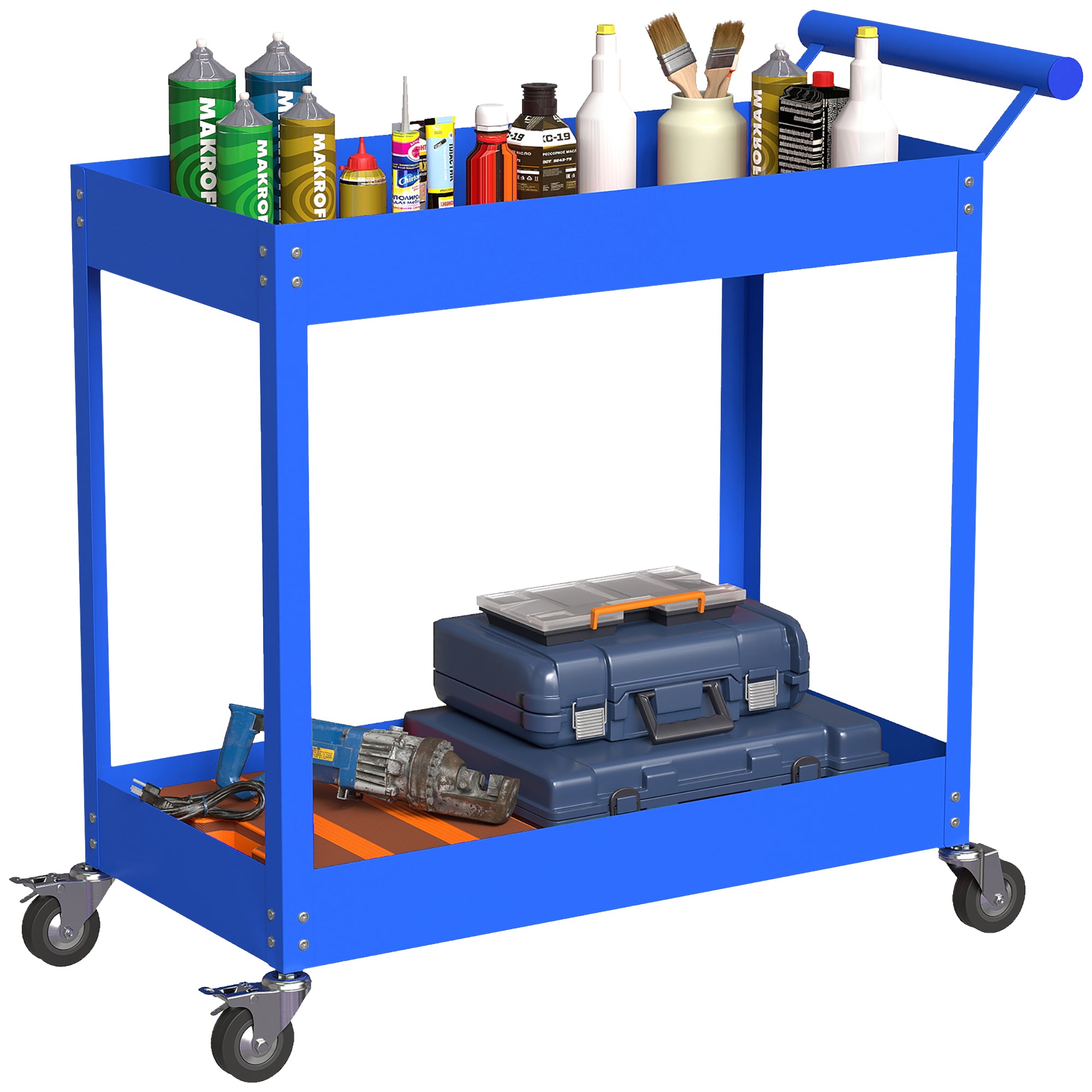 2-Tier Workshop Trolley Tool Cart with Side Handle & Locking Wheels — 330 lb Capacity, 33.3 x 15.0 x 33.1 in, Blue