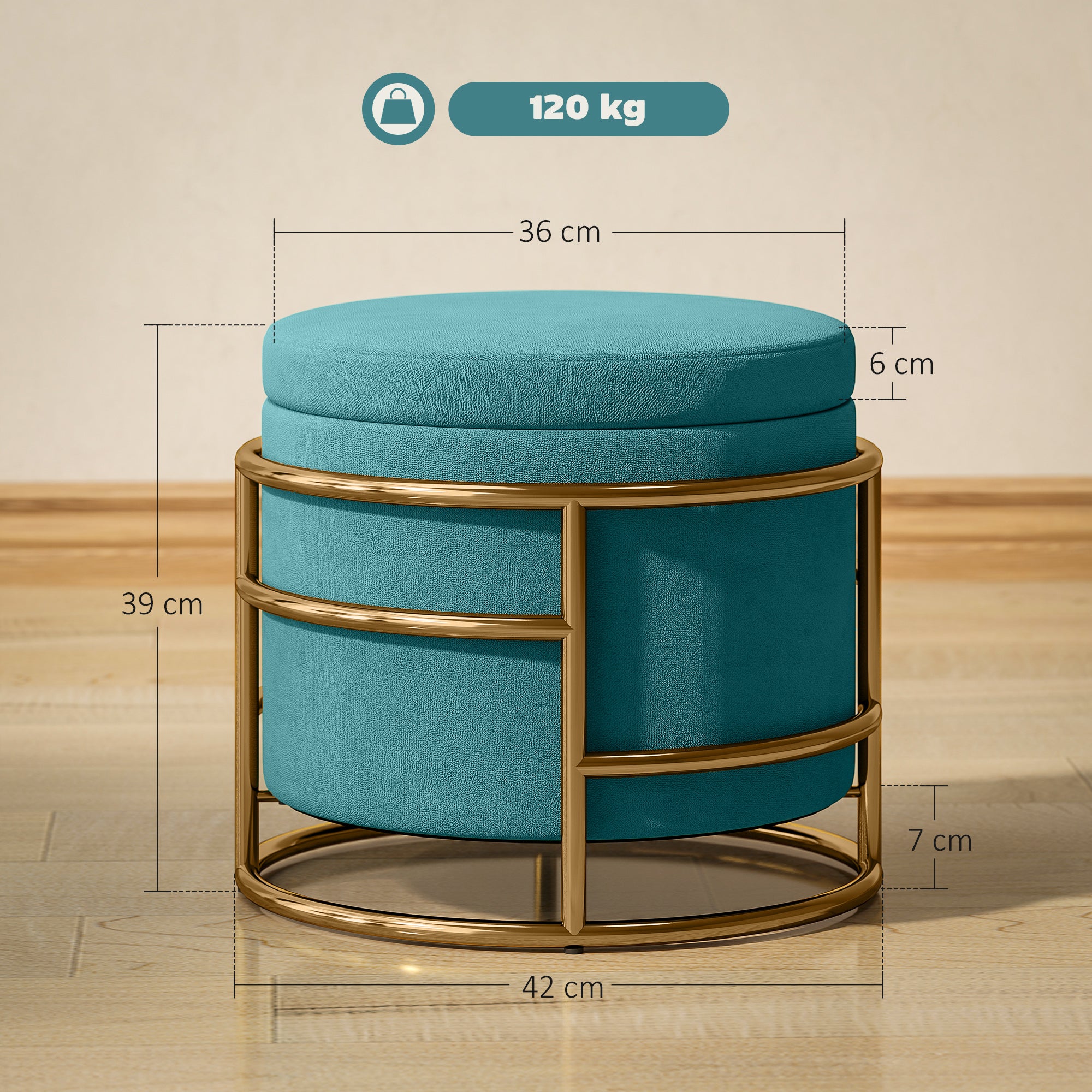 Round Velvet Storage Ottoman, Footrest with 24L Compartment and Removable Lid, for Bedroom and Living Room, Ø42x39 cm, Green
