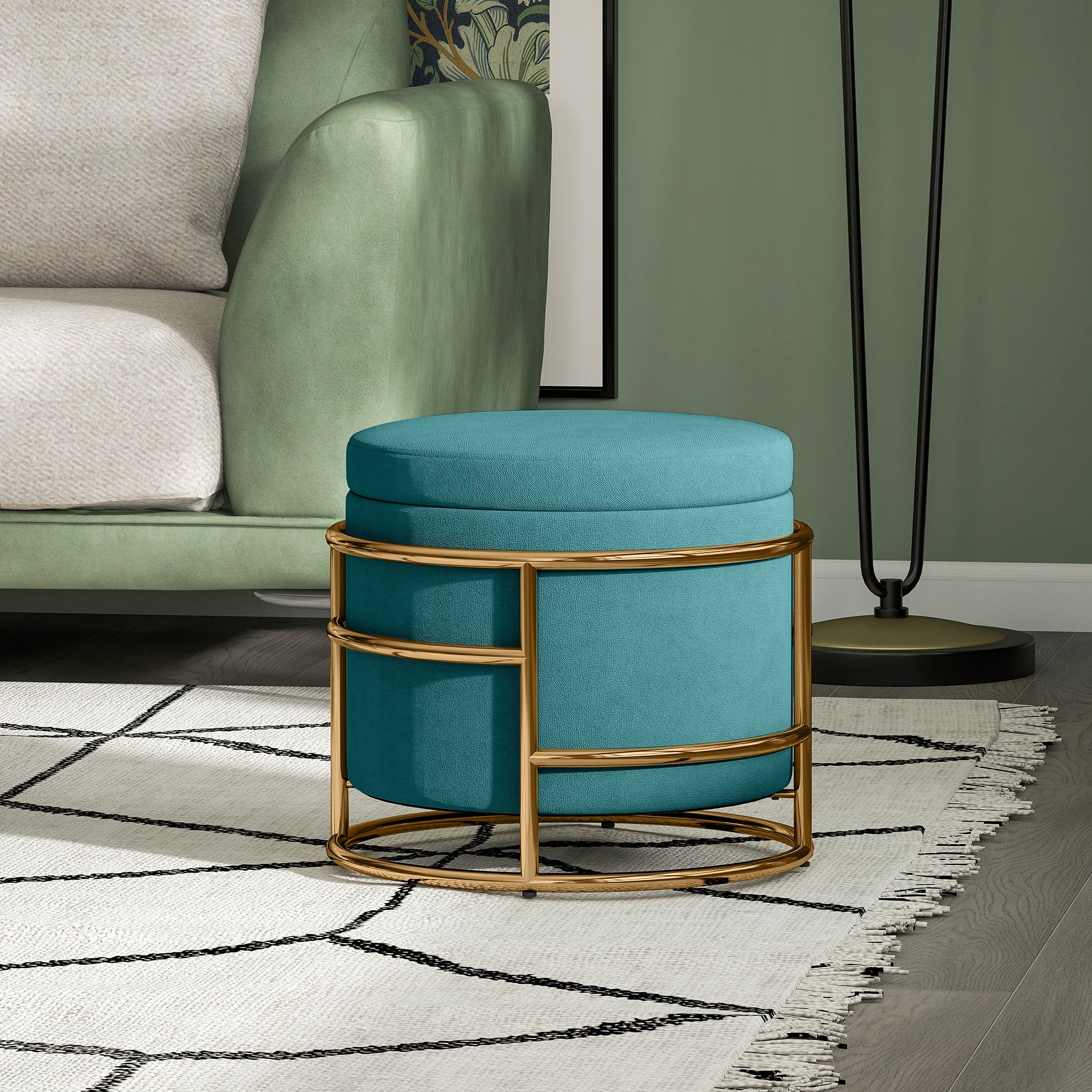 Round Velvet Storage Ottoman, Footrest with 24L Compartment and Removable Lid, for Bedroom and Living Room, Ø42x39 cm, Green