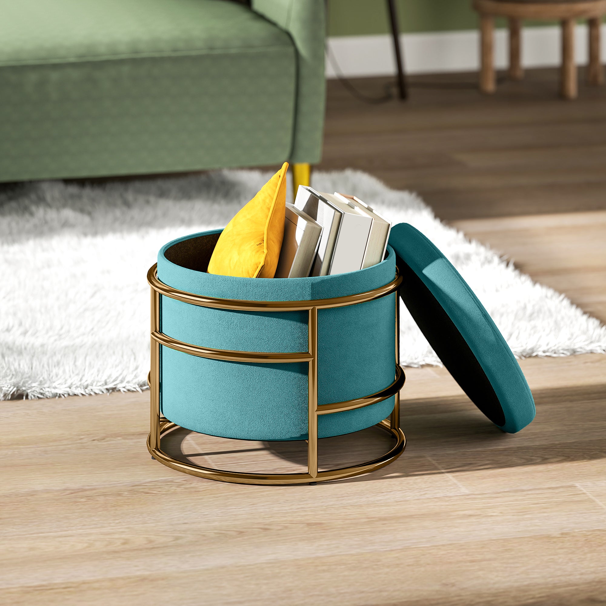 Round Velvet Storage Ottoman, Footrest with 24L Compartment and Removable Lid, for Bedroom and Living Room, Ø42x39 cm, Green