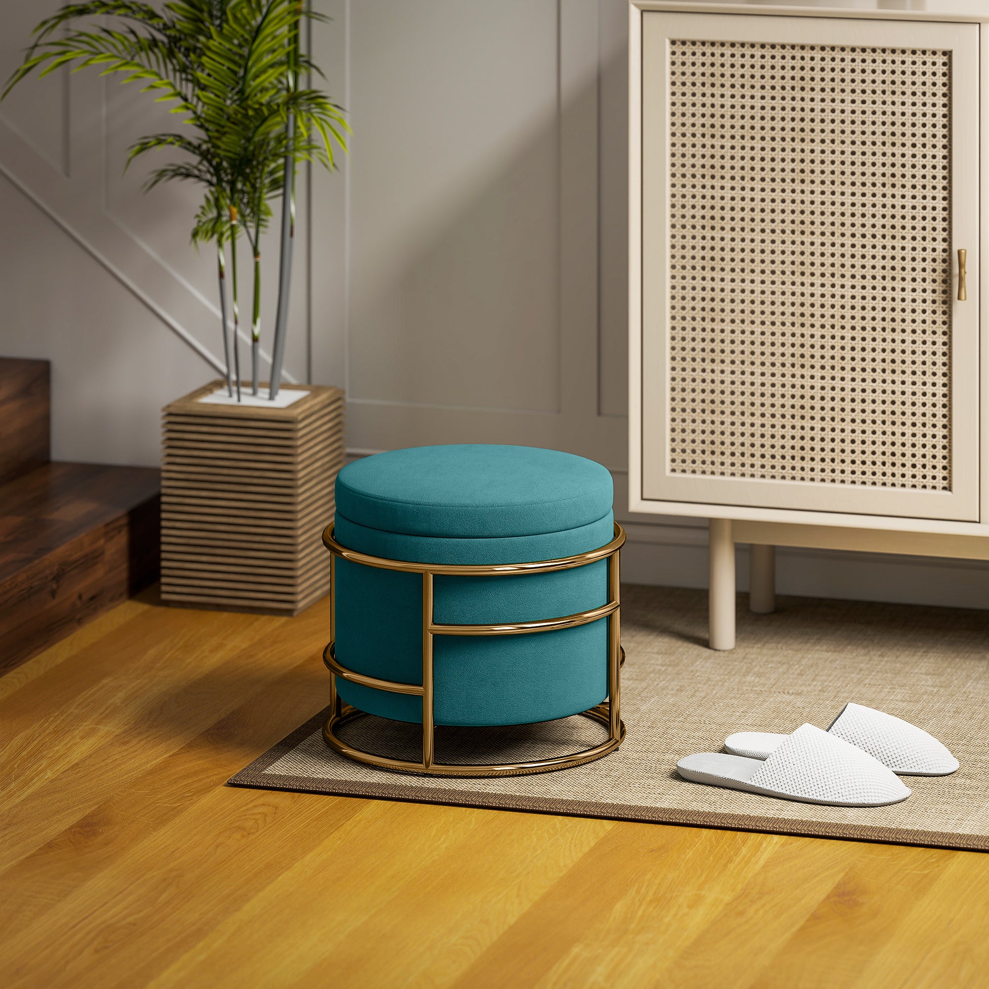 Round Velvet Storage Ottoman, Footrest with 24L Compartment and Removable Lid, for Bedroom and Living Room, Ø42x39 cm, Green