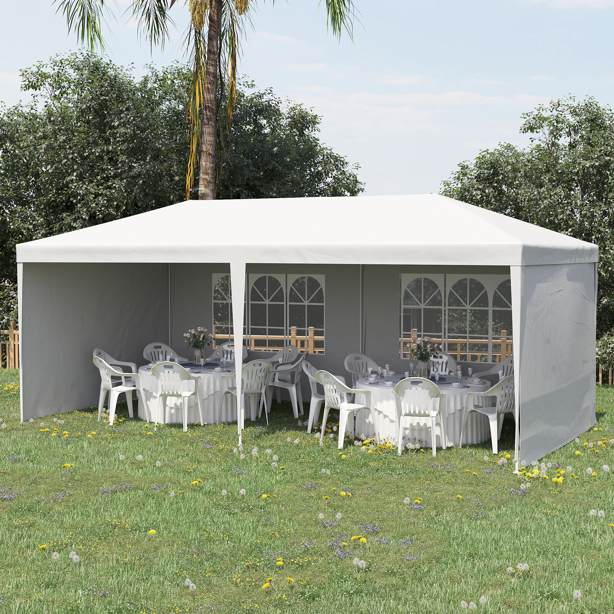 Garden Canopy 6x3 m Pavilion with 4 Removable Side Walls and 2 Transparent Windows Anti-UV Waterproof Gazebo for Outdoor Events with Steel Frame for Parties Weddings White