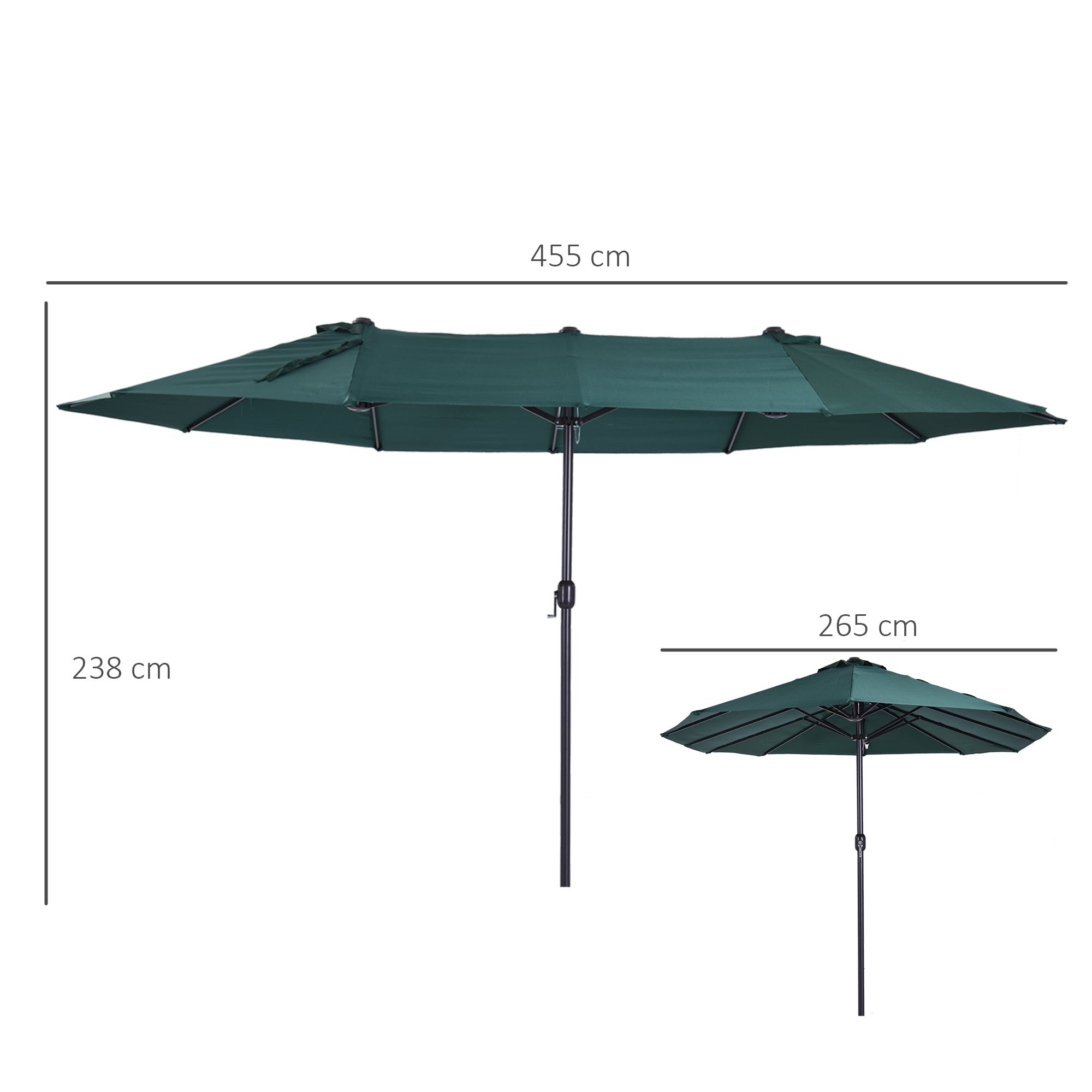 Double Umbrella 455 x 265 cm, UV Protection Sun Umbrella with Crank, Balcony Umbrella Beach Umbrella Windproof Crank Umbrella Sun Protection for Beach Balcony Garden, Dark Green