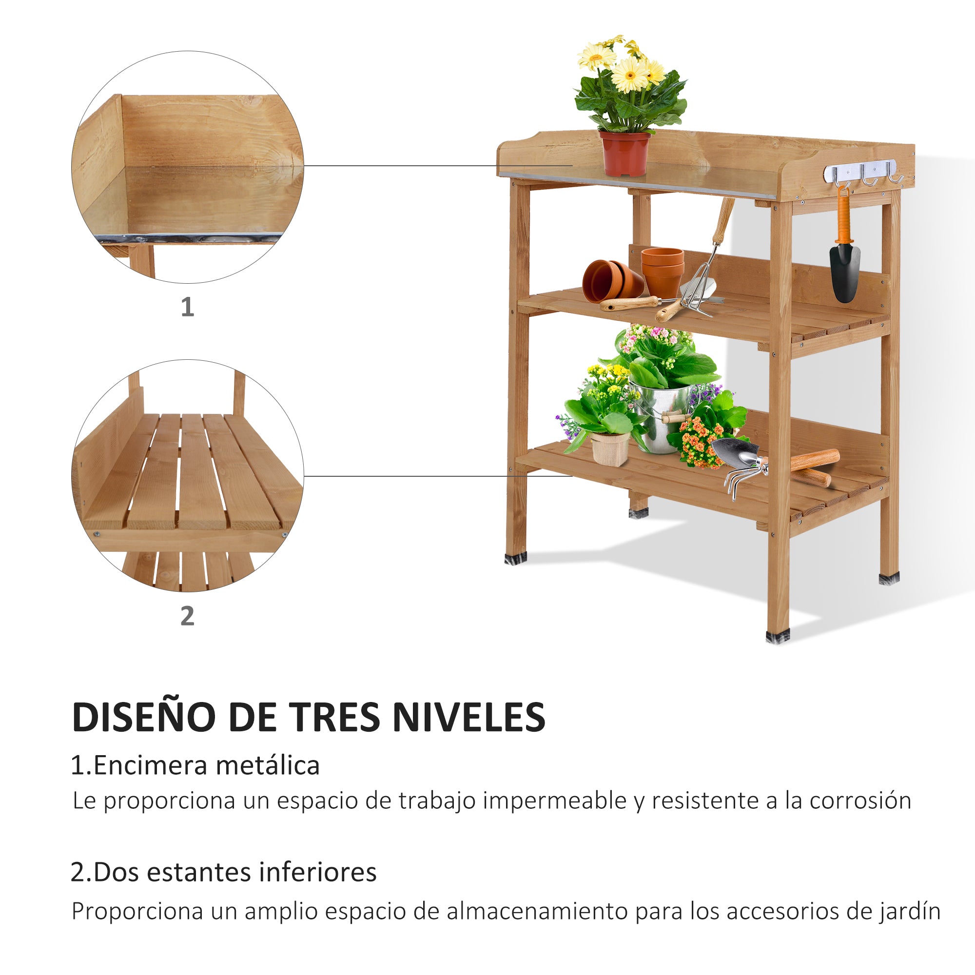 3-Tier Wooden Planting Table Gardening Table with Metal Plate, 2 Shelves, and Hooks Weather-Resistant for Garden Terrace Balcony 76x37x89 cm Natural Wood