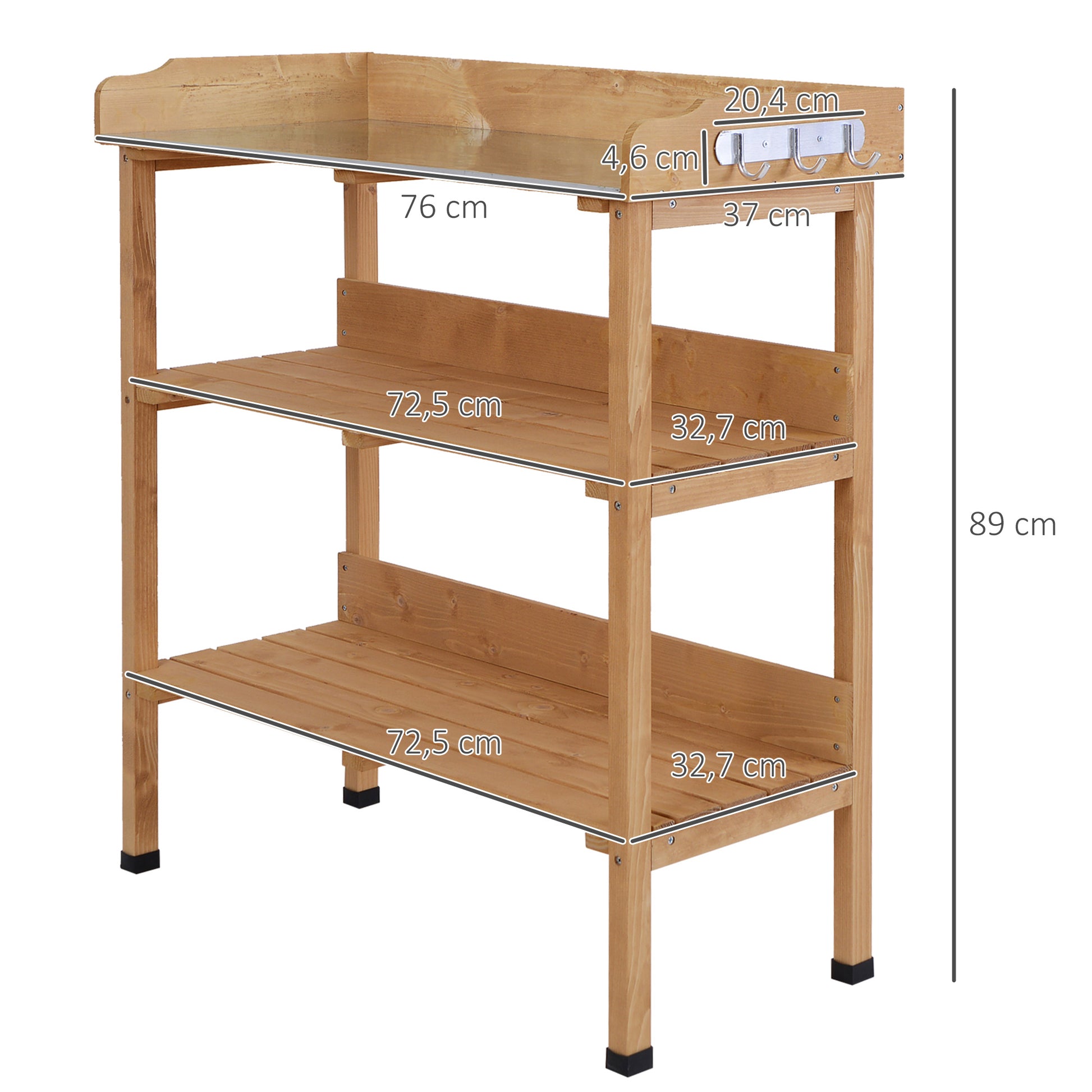 3-Tier Wooden Planting Table Gardening Table with Metal Plate, 2 Shelves, and Hooks Weather-Resistant for Garden Terrace Balcony 76x37x89 cm Natural Wood
