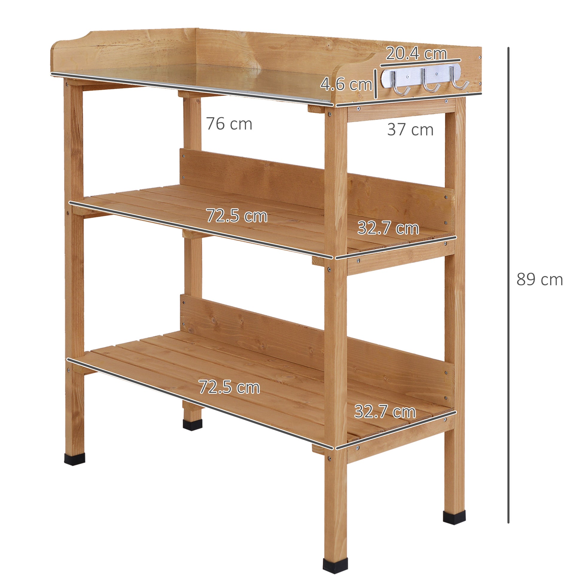 3-Tier Wooden Planting Table Gardening Table with Metal Plate, 2 Shelves, and Hooks Weather-Resistant for Garden Terrace Balcony 76x37x89 cm Natural Wood