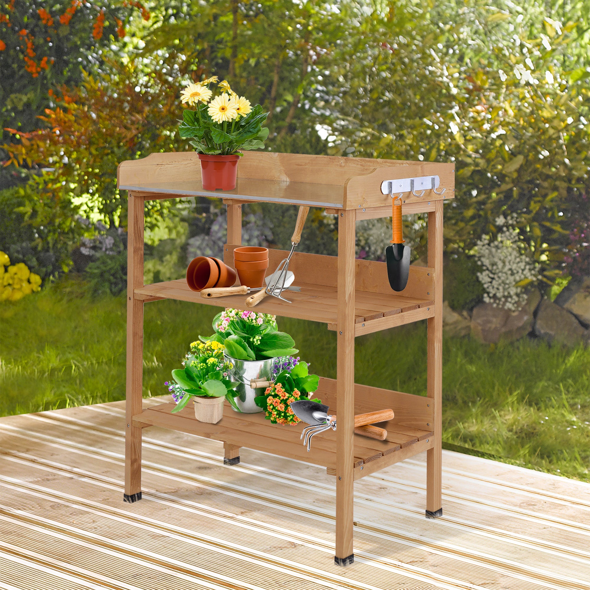 3-Tier Wooden Planting Table Gardening Table with Metal Plate, 2 Shelves, and Hooks Weather-Resistant for Garden Terrace Balcony 76x37x89 cm Natural Wood