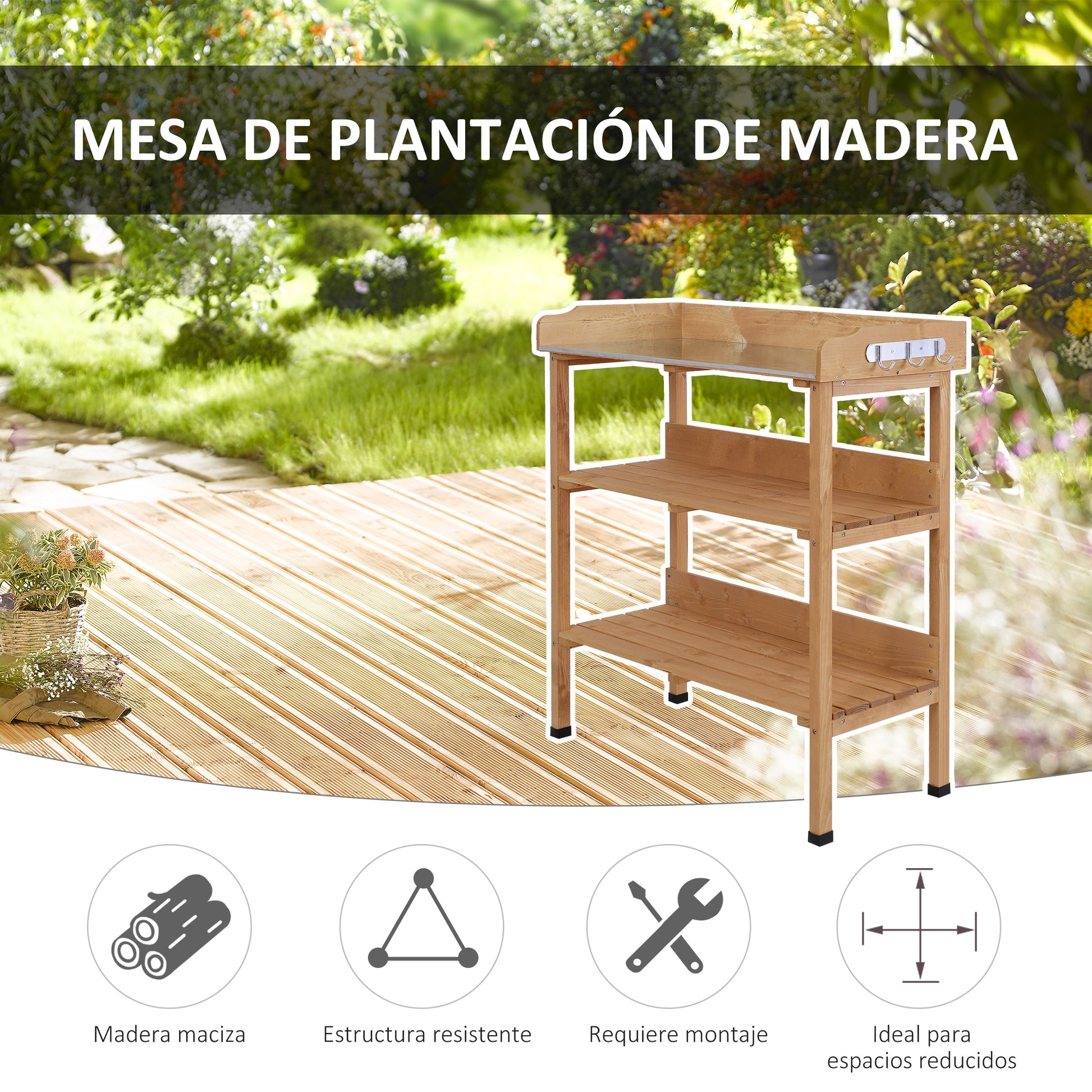 3-Tier Wooden Planting Table Gardening Table with Metal Plate, 2 Shelves, and Hooks Weather-Resistant for Garden Terrace Balcony 76x37x89 cm Natural Wood
