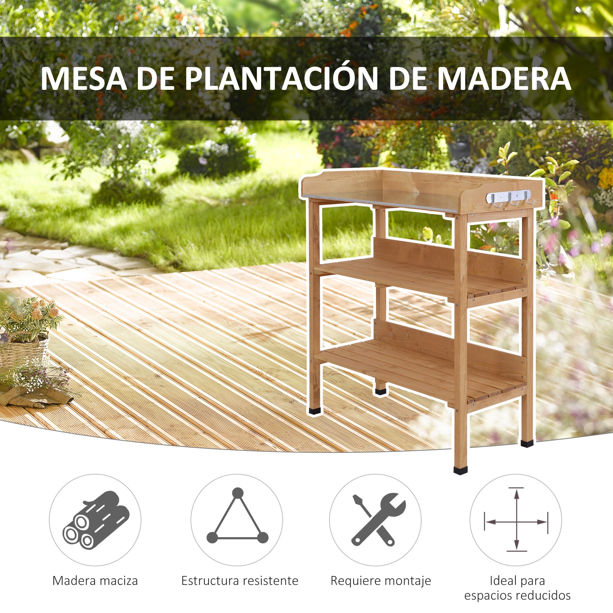 3-Tier Wooden Planting Table Gardening Table with Metal Plate, 2 Shelves, and Hooks Weather-Resistant for Garden Terrace Balcony 76x37x89 cm Natural Wood
