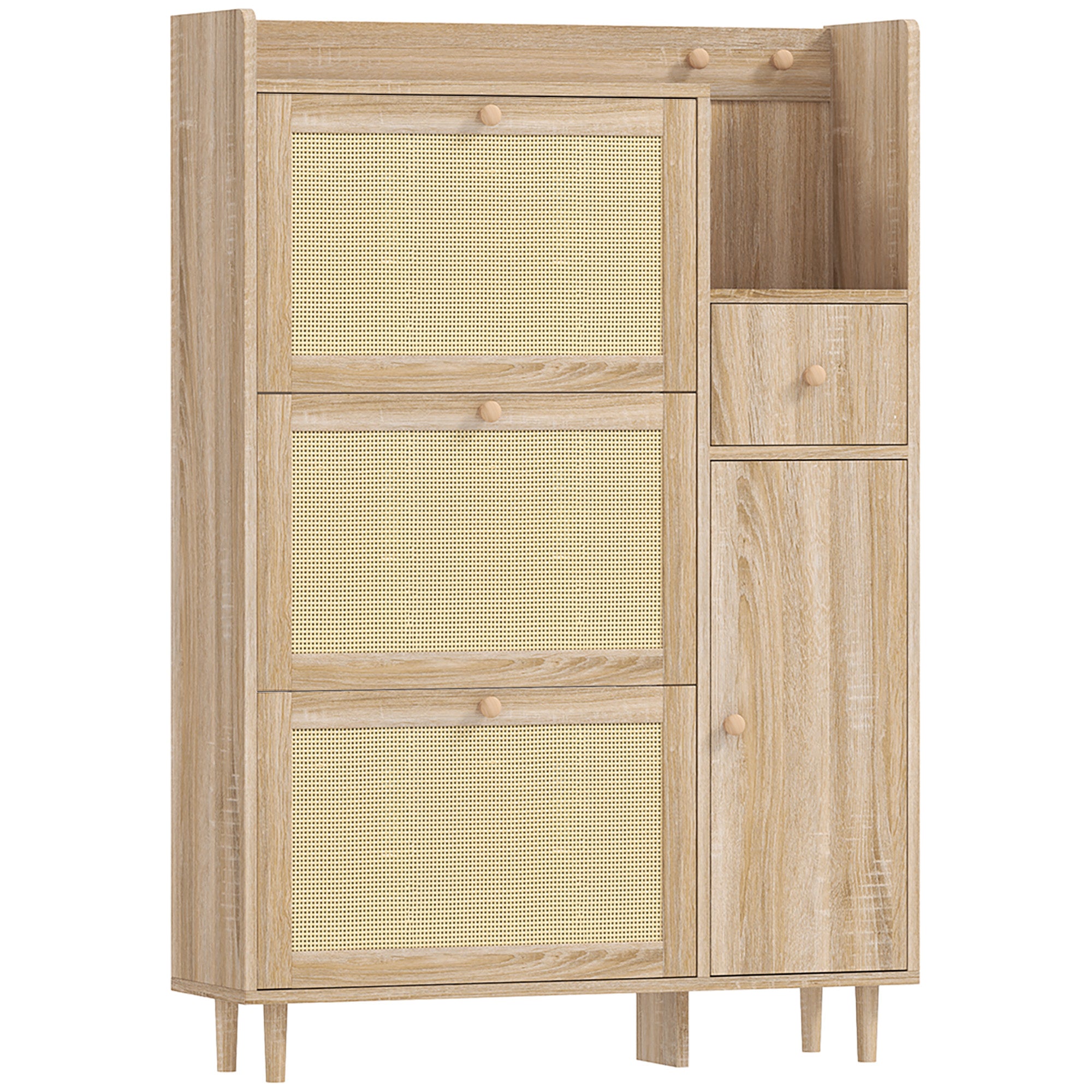 Shoe Cabinet Shoe Rack with 3 Foldable Drawers with Rattan Fronts for 12 Pairs of Shoes Adjustable Shelves Narrow Shoe Cabinet for Hallway Entryway 80x23x120 cm Oak