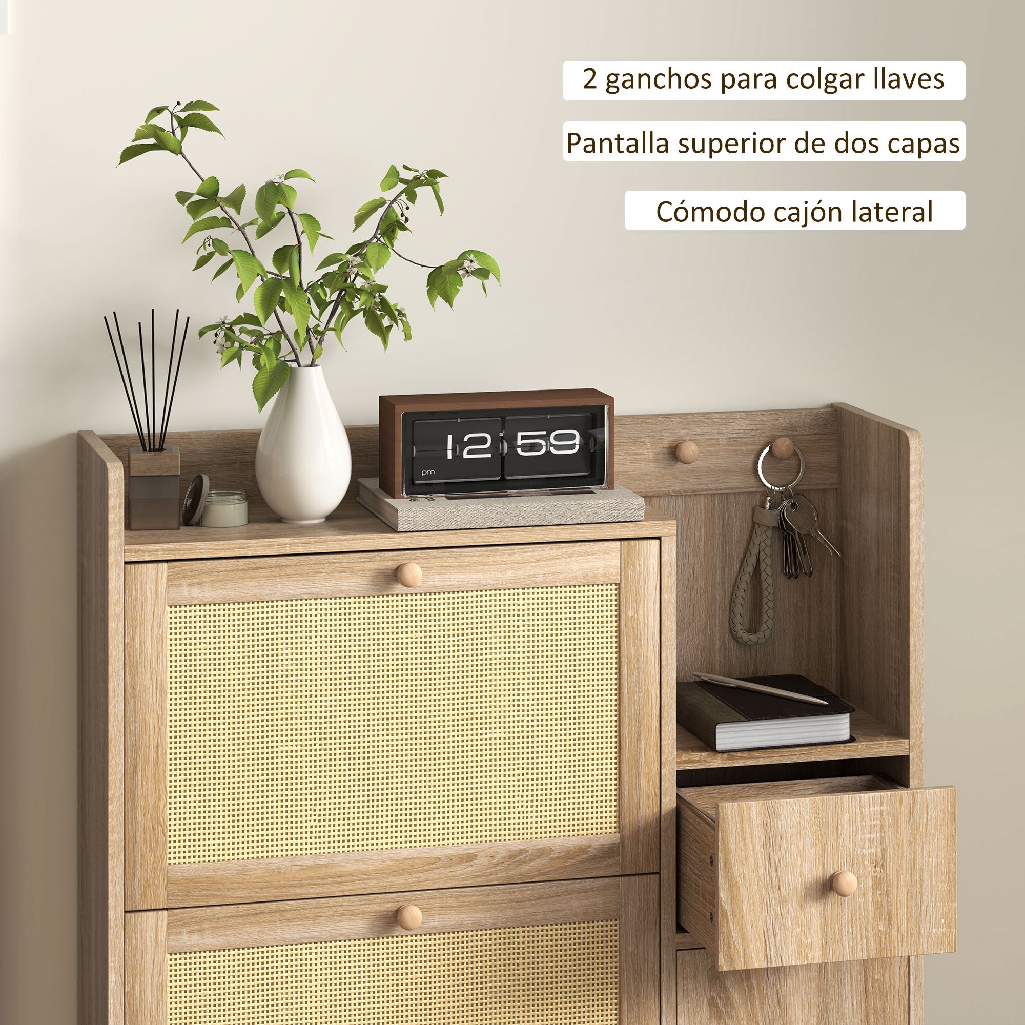 Shoe Cabinet Shoe Rack with 3 Foldable Drawers with Rattan Fronts for 12 Pairs of Shoes Adjustable Shelves Narrow Shoe Cabinet for Hallway Entryway 80x23x120 cm Oak