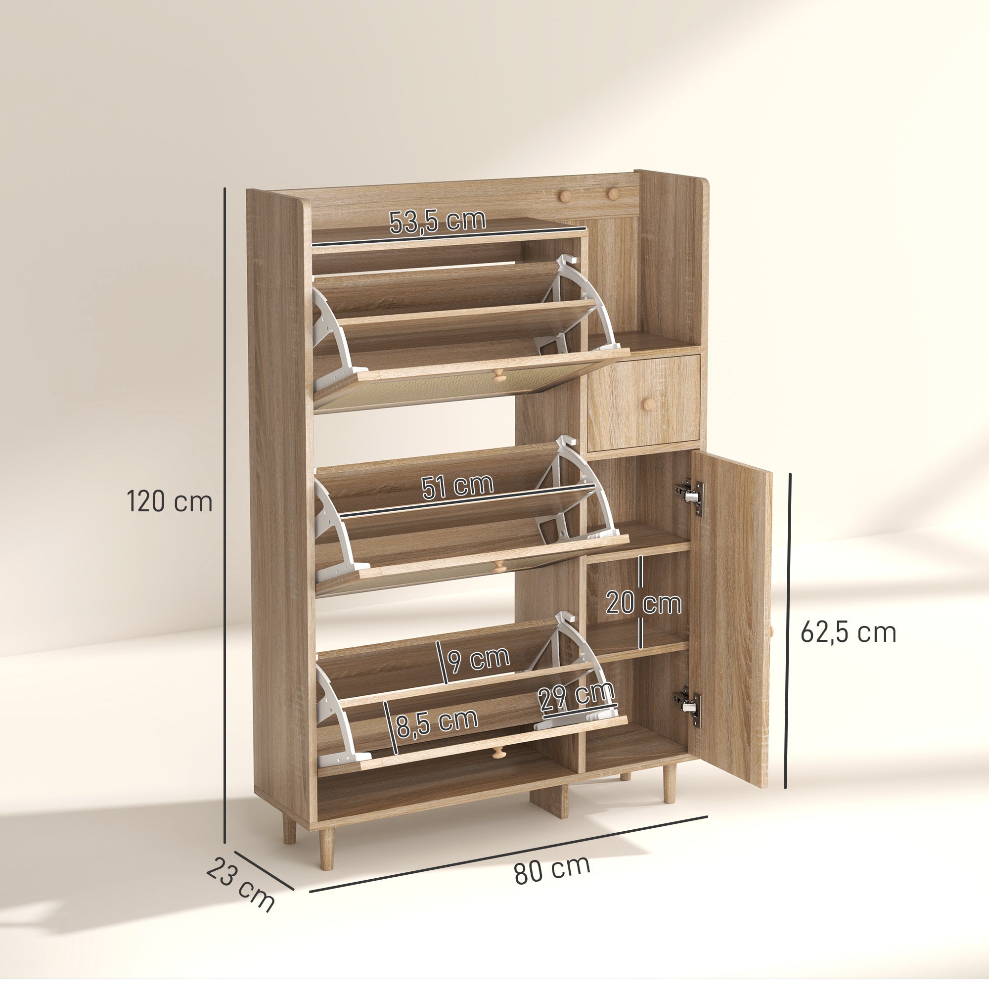 Shoe Cabinet Shoe Rack with 3 Foldable Drawers with Rattan Fronts for 12 Pairs of Shoes Adjustable Shelves Narrow Shoe Cabinet for Hallway Entryway 80x23x120 cm Oak
