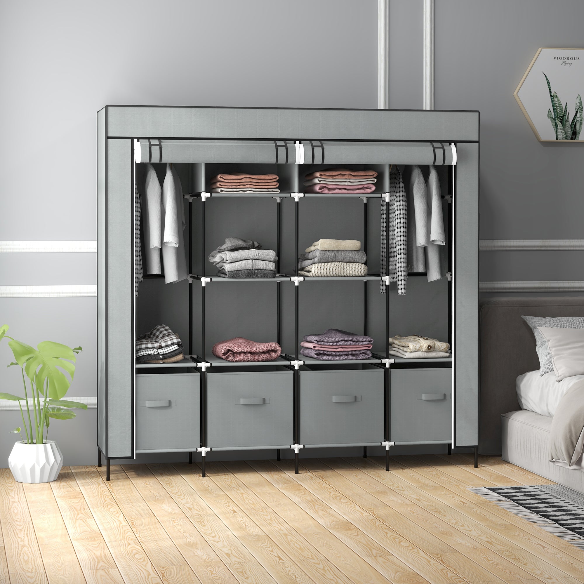 Fabric Wardrobe Closet, Foldable Wardrobe with Clothes Rail, 10 Compartments, 4 Drawers, Wardrobe in Fleece Look for Bedroom, Hallway, Dark Gray, 166 x 42.5 x 169.5 cm
