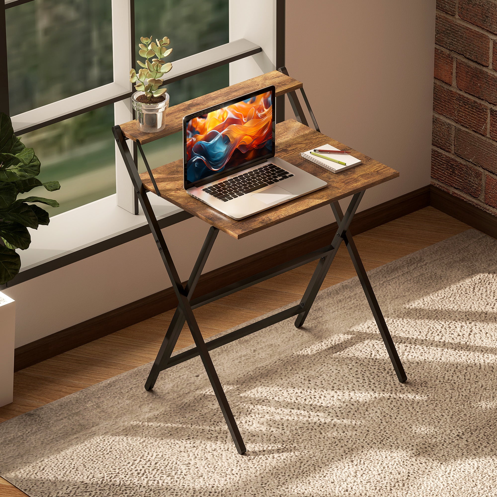 Foldable Computer Desk 25.8 x 17.7 in with Storage Shelf — Rustic Brown