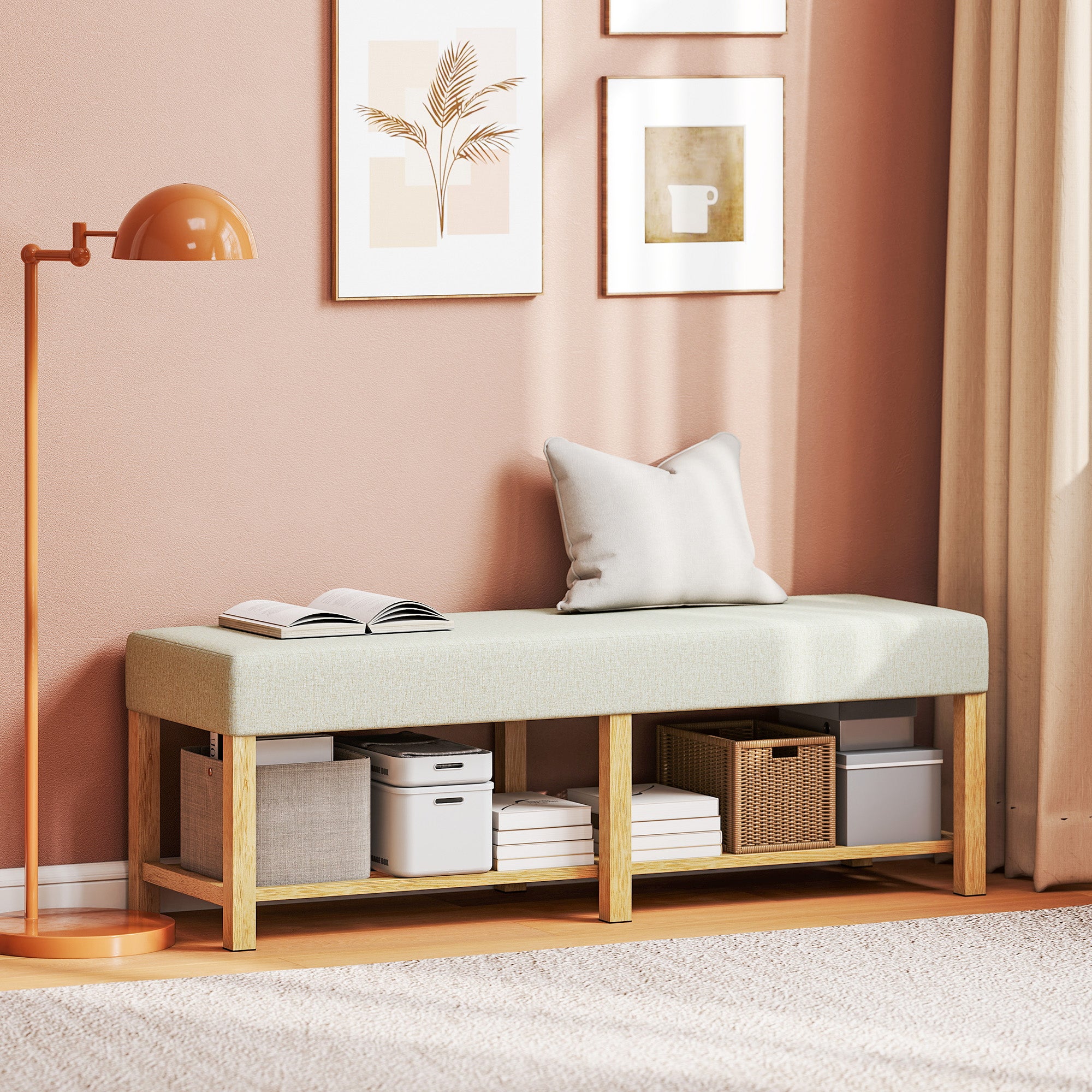 Shoe Bench — Modern Entryway Bench with Padded Seat for 2, Open Shoe Shelf, Rubberwood Frame, for Entryway, Hall, Living Room, 55.1 x 17.3 x 18.9 in, Cream & Natural Wood