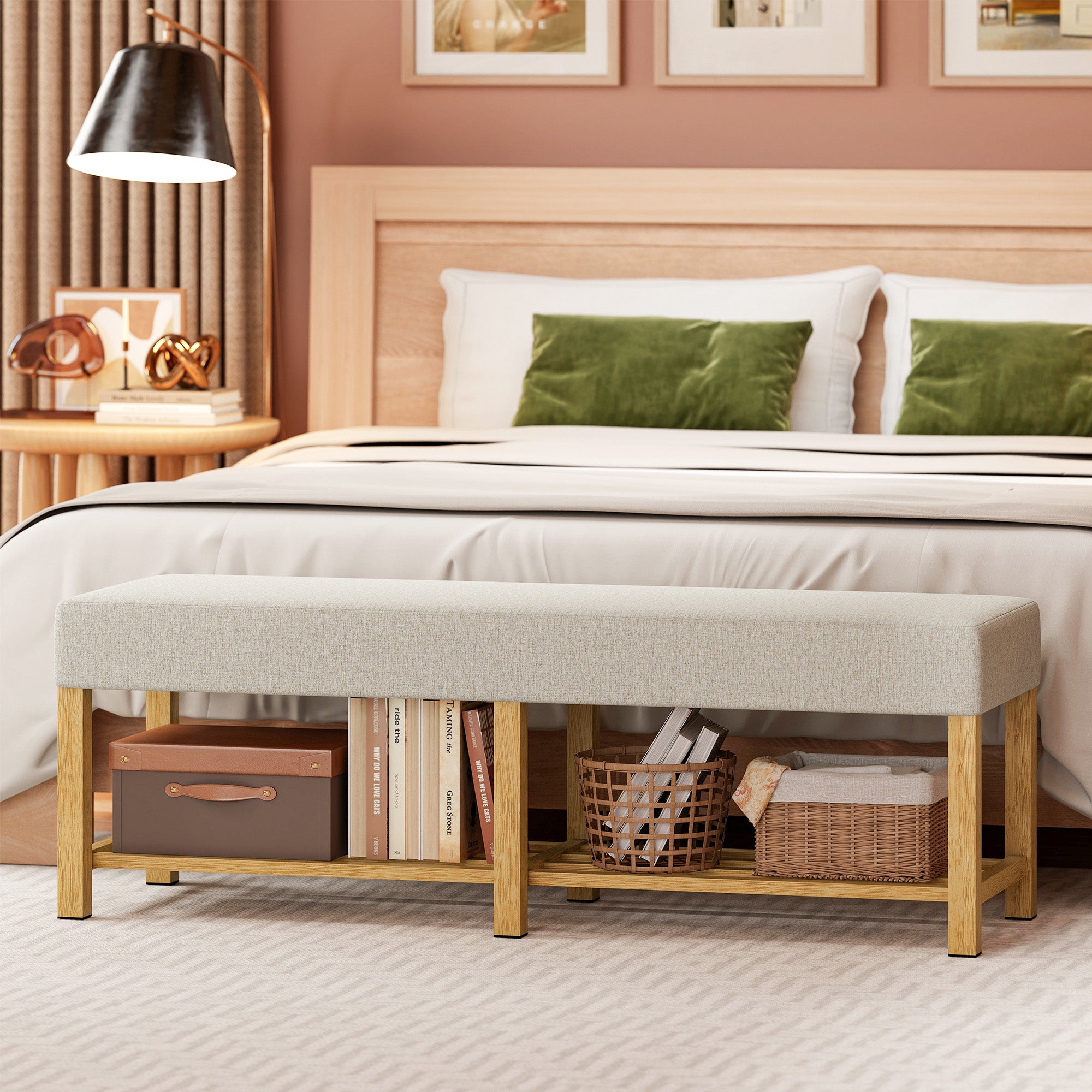 Shoe Bench — Modern Entryway Bench with Padded Seat for 2, Open Shoe Shelf, Rubberwood Frame, for Entryway, Hall, Living Room, 55.1 x 17.3 x 18.9 in, Cream & Natural Wood