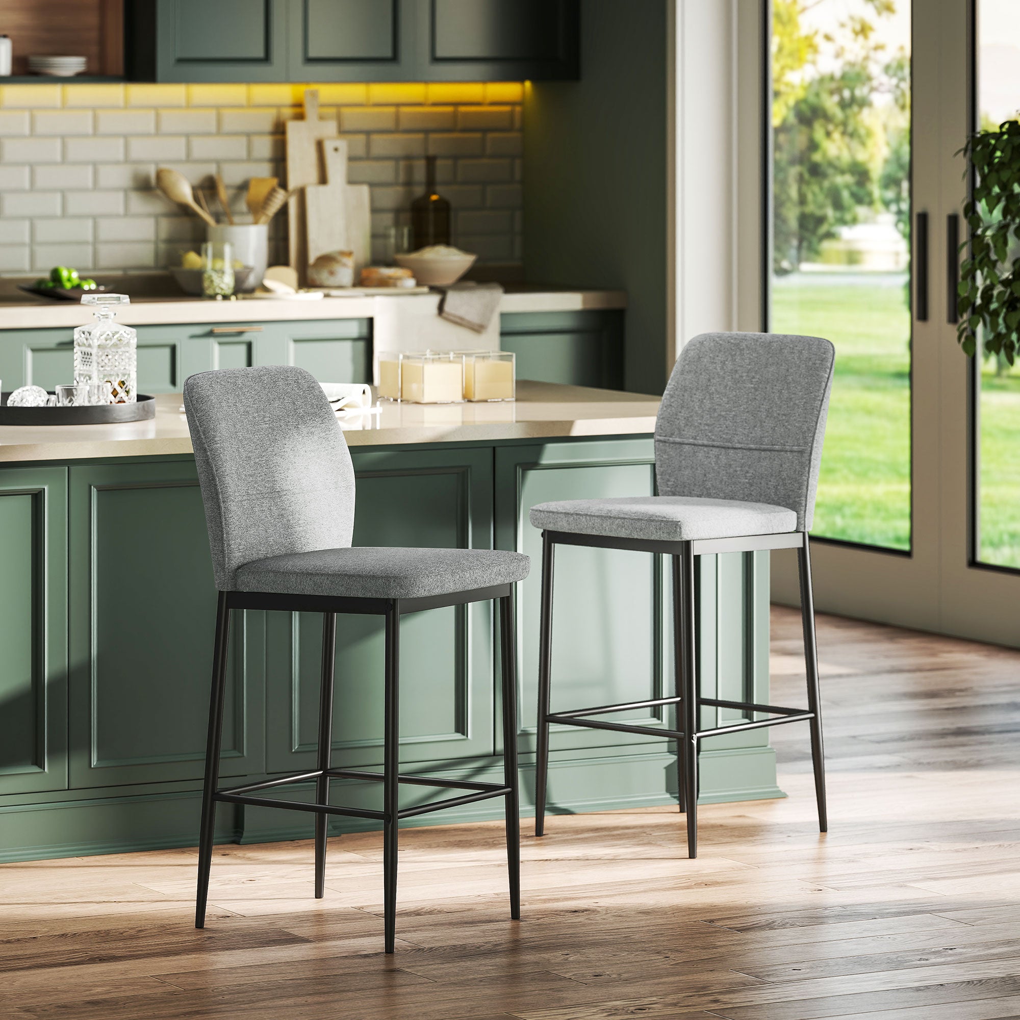 Set of 2 Bar Stools High Kitchen Stools with Backrest and Footrest Upholstered in Velvet Steel Frame Modern High Stools for Dining Counter Gray
