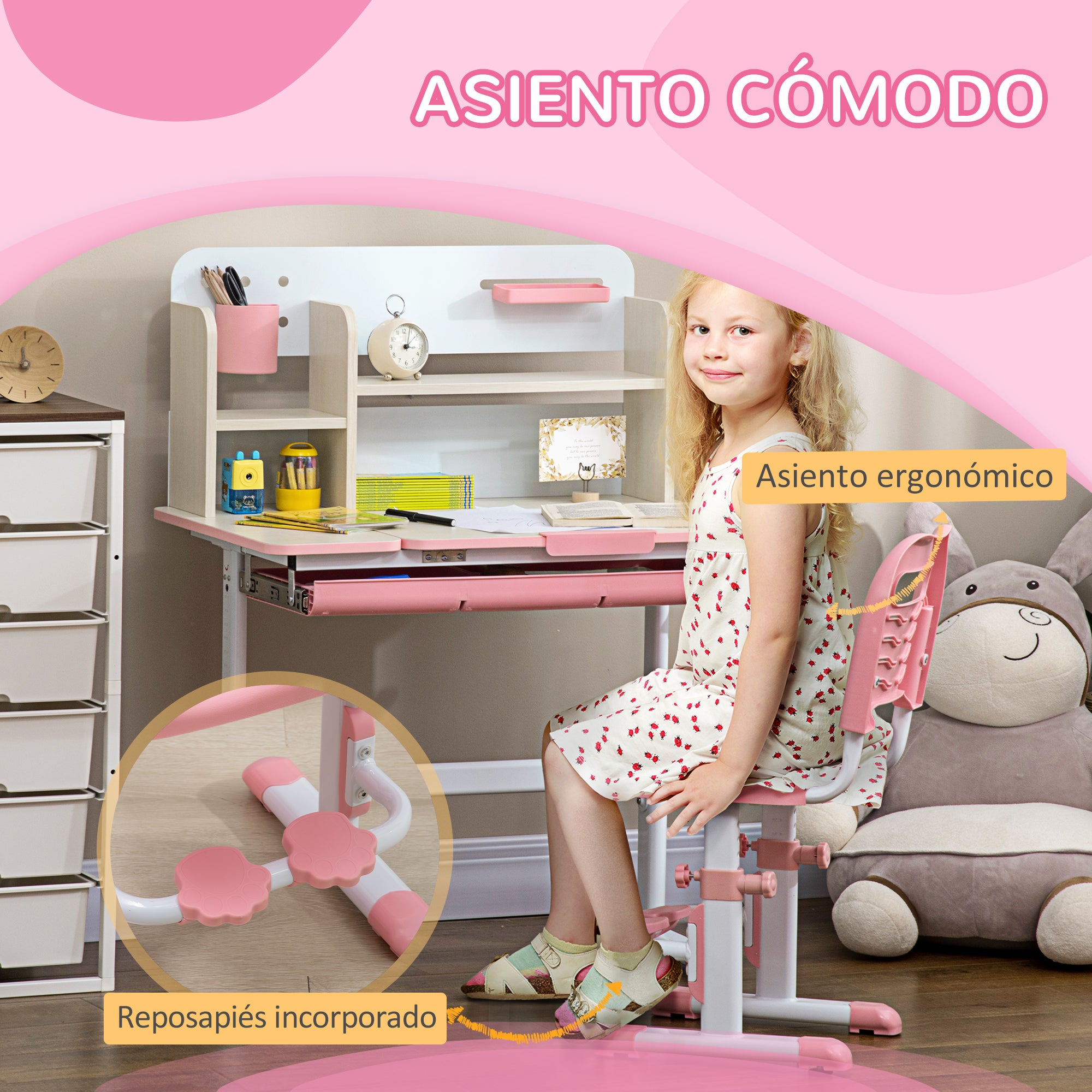 Kids Desk and Chair Set for 3+ Years Adjustable Height Children's Desk with Tiltable Desktop Drawer and Bookshelf 80x52x88-109 cm and 35.5x44.5x66-80 cm Pink