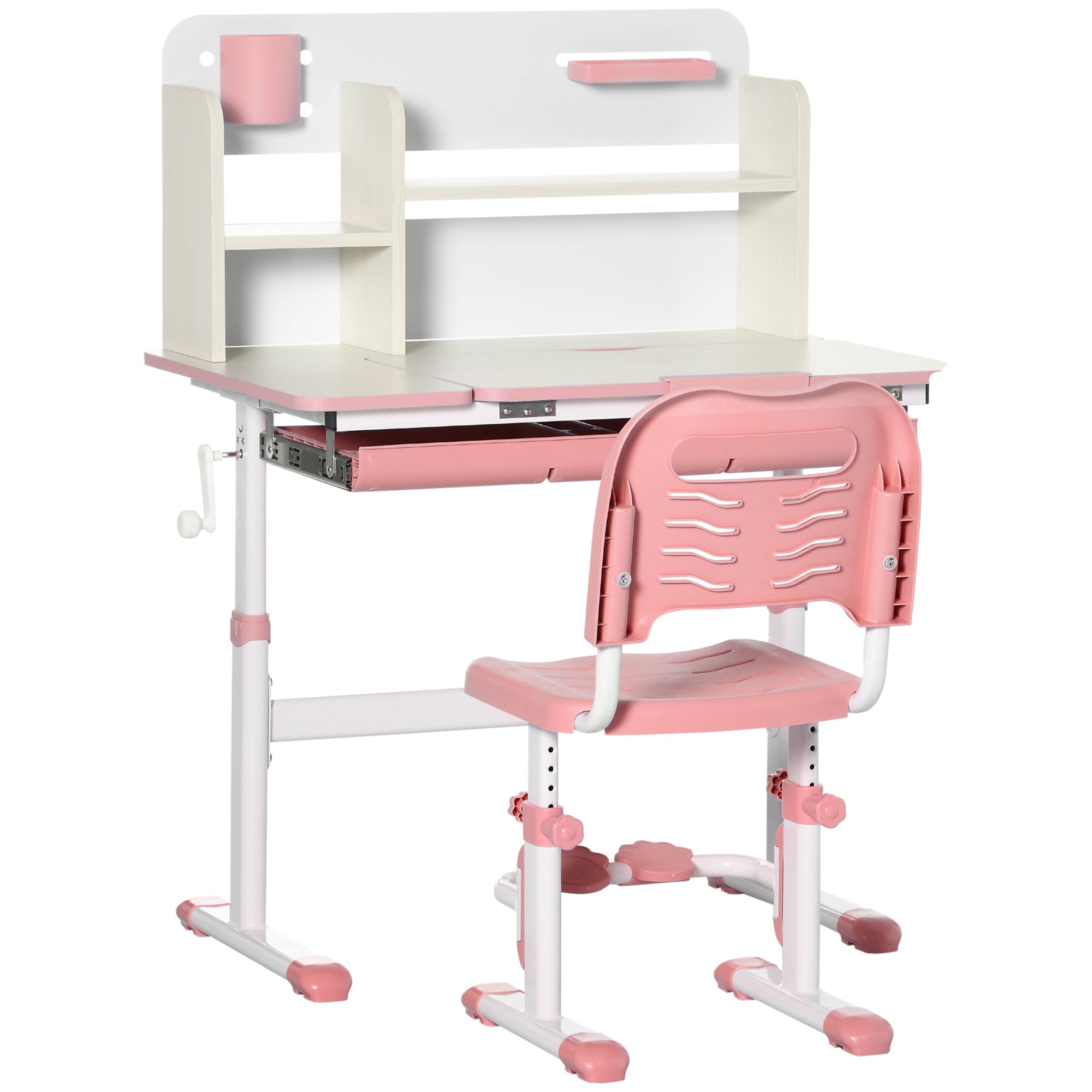 Kids Desk and Chair Set for 3+ Years Adjustable Height Children's Desk with Tiltable Desktop Drawer and Bookshelf 80x52x88-109 cm and 35.5x44.5x66-80 cm Pink