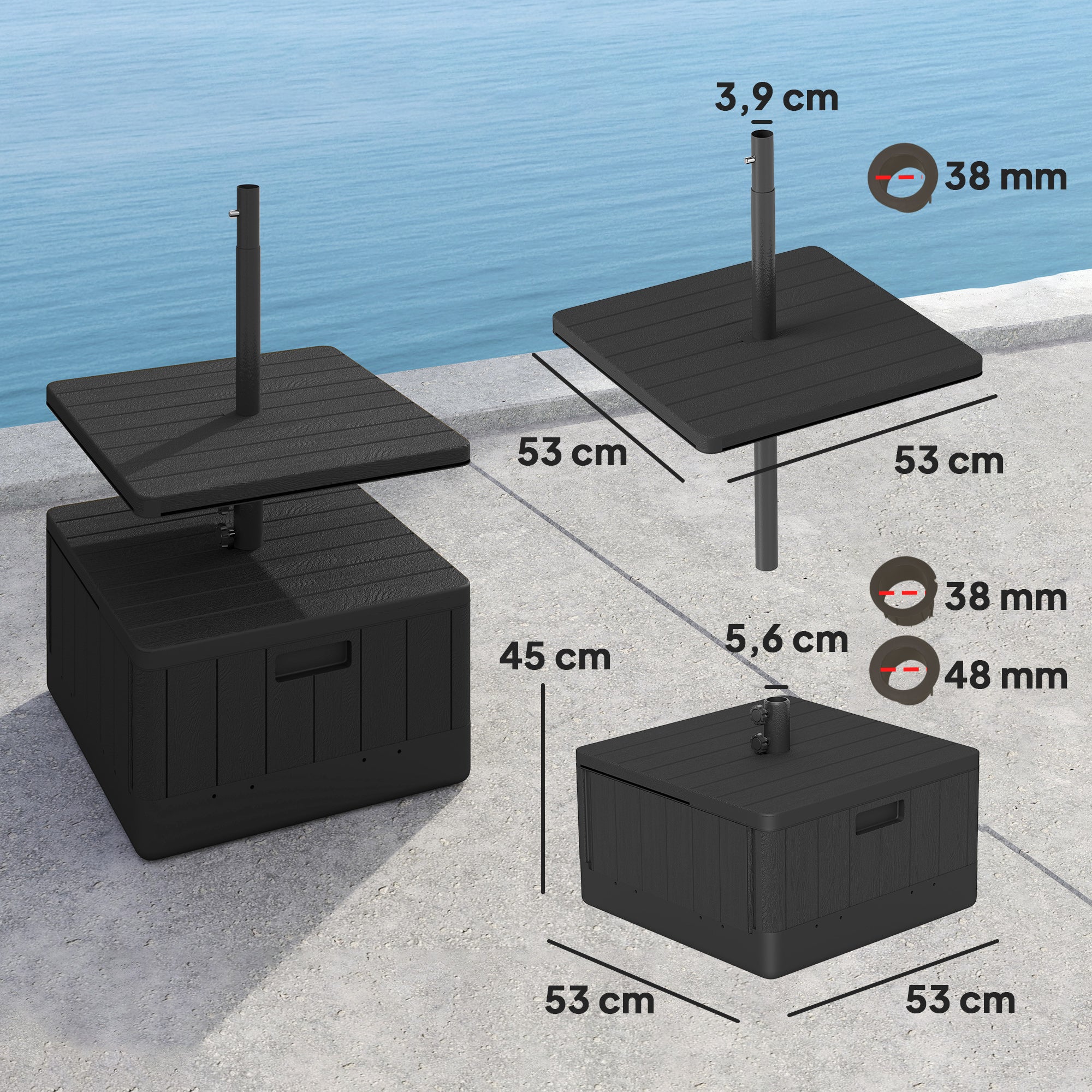 Square Umbrella Stand with Table Tray, HDPE Umbrella Base on Wheels, Water Sand Fillable Umbrella Stand for Terrace Pool Patio Garden 53 x 53 x 45 cm, Black