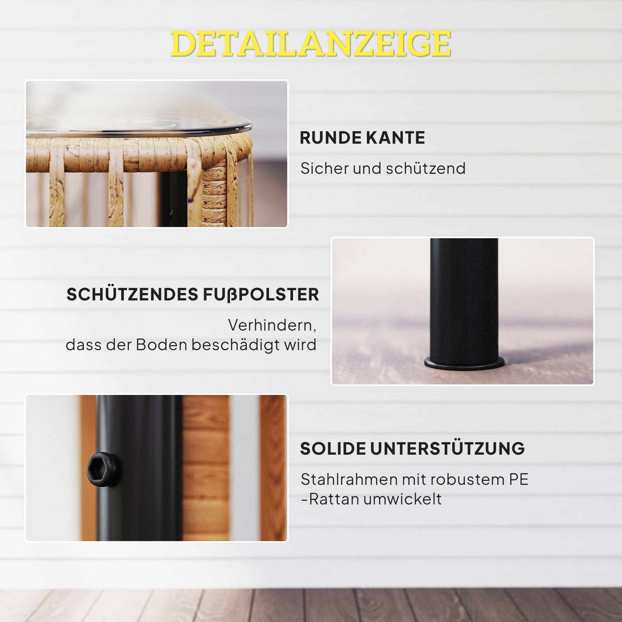 Poly Rattan Garden Table, 65 x 65 x 43 cm, Weatherproof Side Table Square Patio Table with Glass Top Coffee Table Balcony Table Garden Furniture for Garden, Patio, Balcony Natural Wood