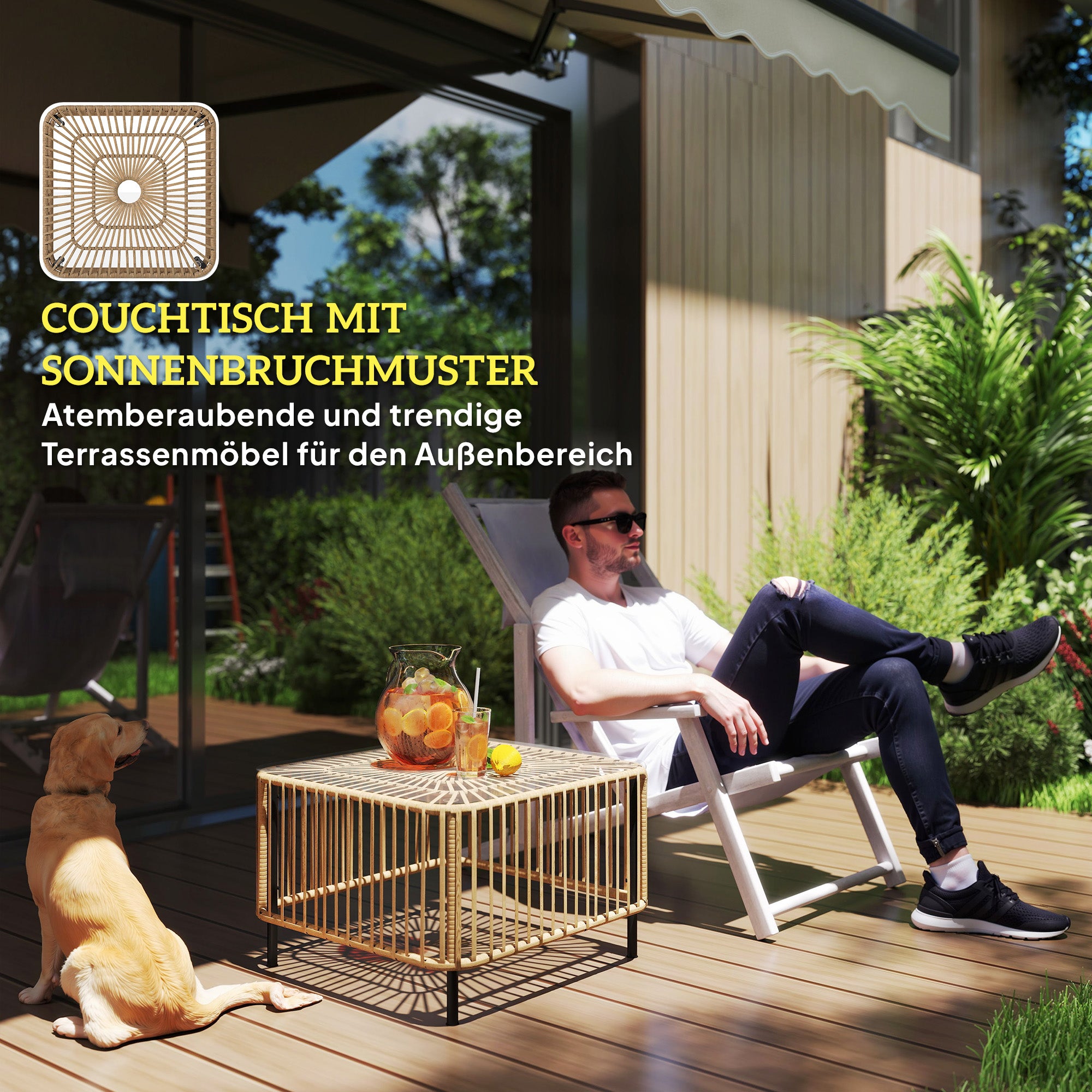 Poly Rattan Garden Table, 65 x 65 x 43 cm, Weatherproof Side Table Square Patio Table with Glass Top Coffee Table Balcony Table Garden Furniture for Garden, Patio, Balcony Natural Wood