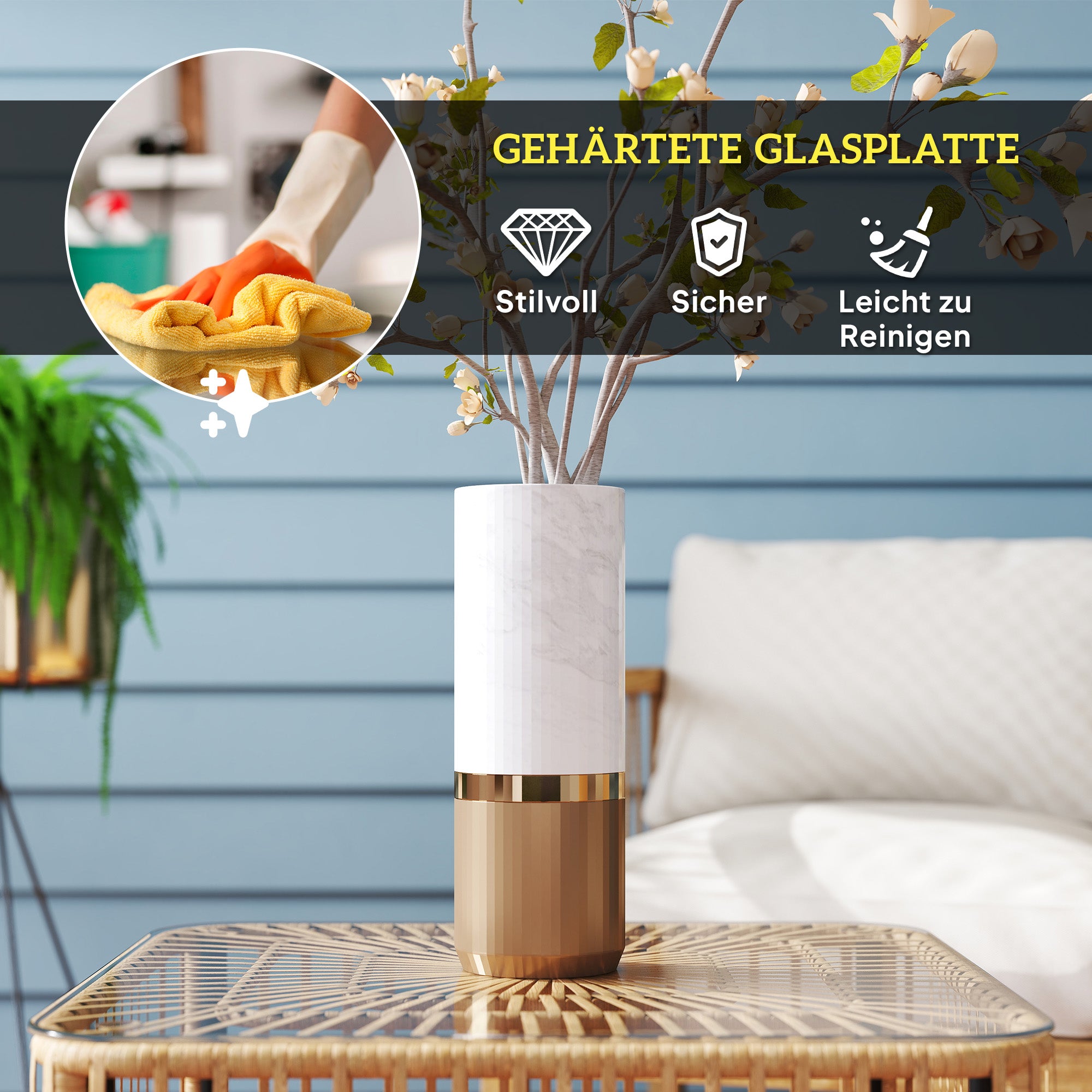 Poly Rattan Garden Table, 65 x 65 x 43 cm, Weatherproof Side Table Square Patio Table with Glass Top Coffee Table Balcony Table Garden Furniture for Garden, Patio, Balcony Natural Wood