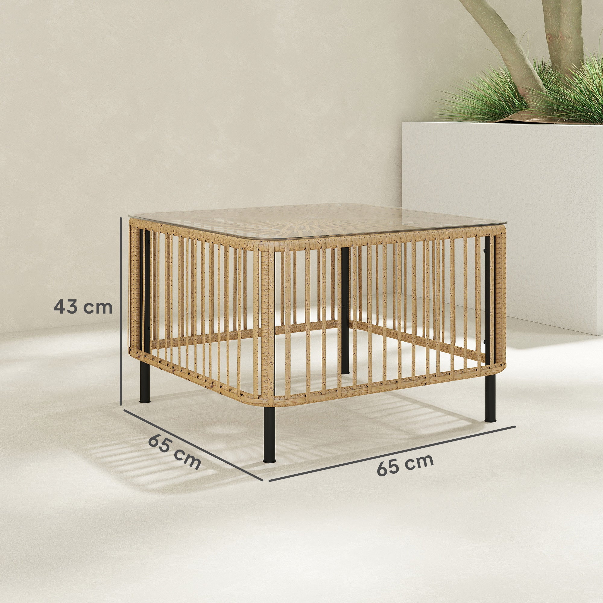 Poly Rattan Garden Table, 65 x 65 x 43 cm, Weatherproof Side Table Square Patio Table with Glass Top Coffee Table Balcony Table Garden Furniture for Garden, Patio, Balcony Natural Wood