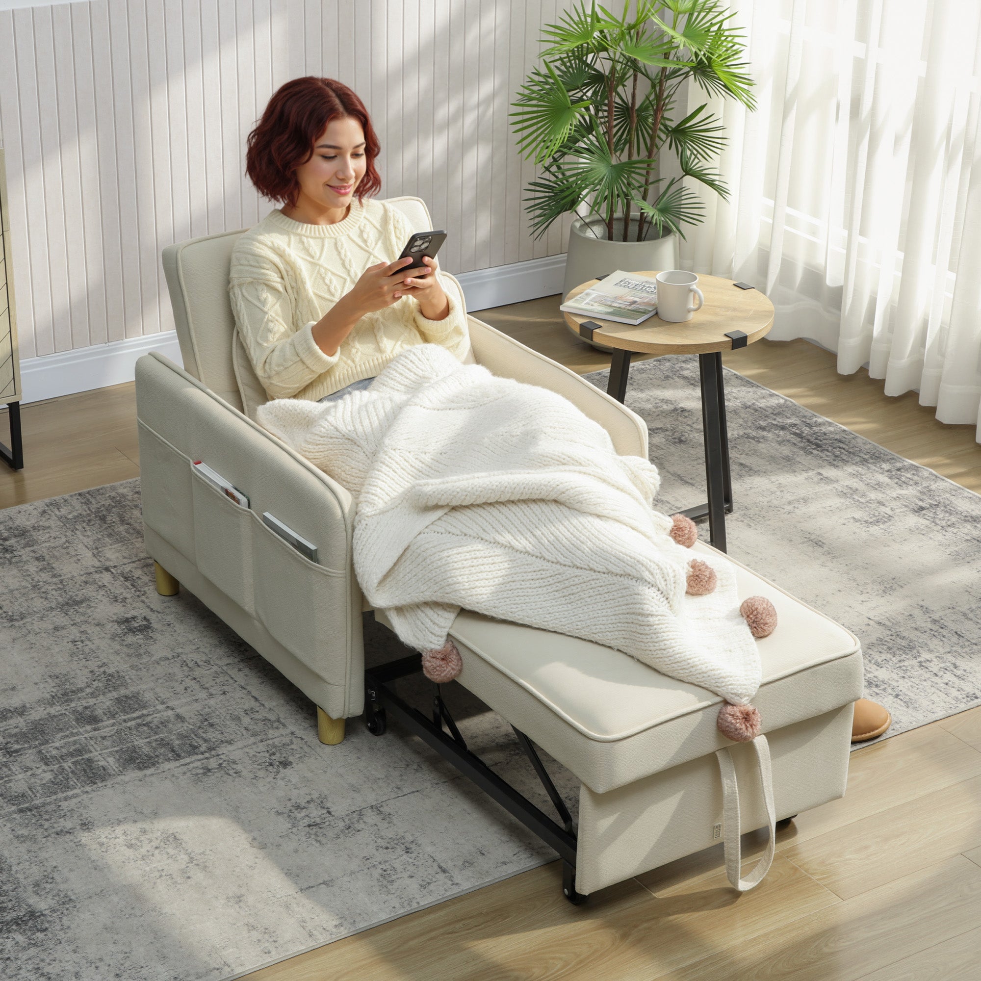 3-in-1 Convertible Sofa Bed with Wide Seat, Adjustable Back, Lumbar Pillow, 6 Side Pockets — Beige Corn Velvet