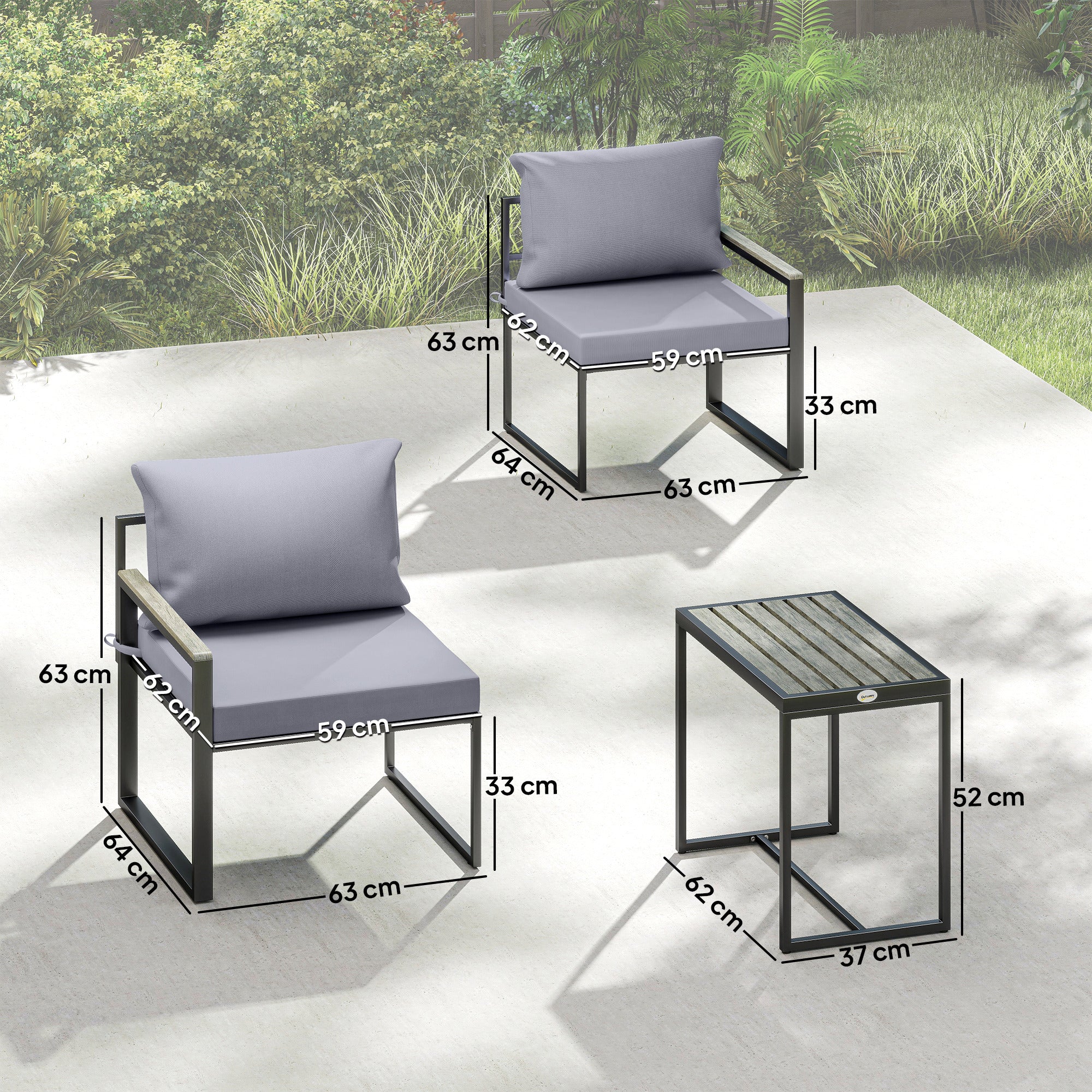 3-Piece Balcony Bistro Set – 2 Armchairs & Table with Removable Breathable Seat and Back Cushions, Steel Patio Furniture, Gray