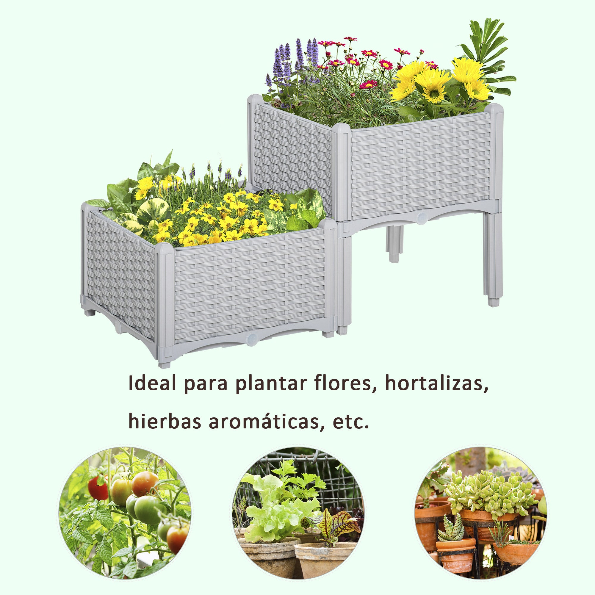 Set of 2 Outdoor Square Planters Imitation Wicker Free Combination Plant Pots for Garden Patio 40x40x26/44 cm Gray